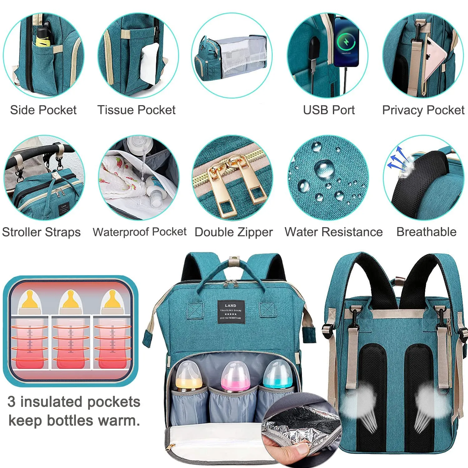 Diaper Bag with Changing Station,Diaper Bag Backpack，7 in 1 Travel Baby Diaper Bag,Mommy Bag With USB Charging Port (Green)