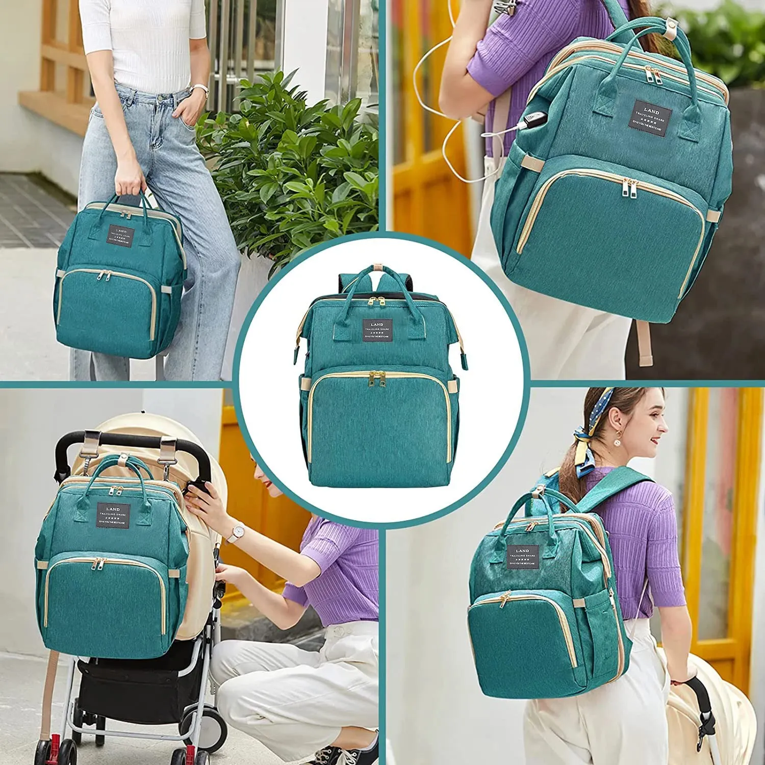 Diaper Bag with Changing Station,Diaper Bag Backpack，7 in 1 Travel Baby Diaper Bag,Mommy Bag With USB Charging Port (Green)