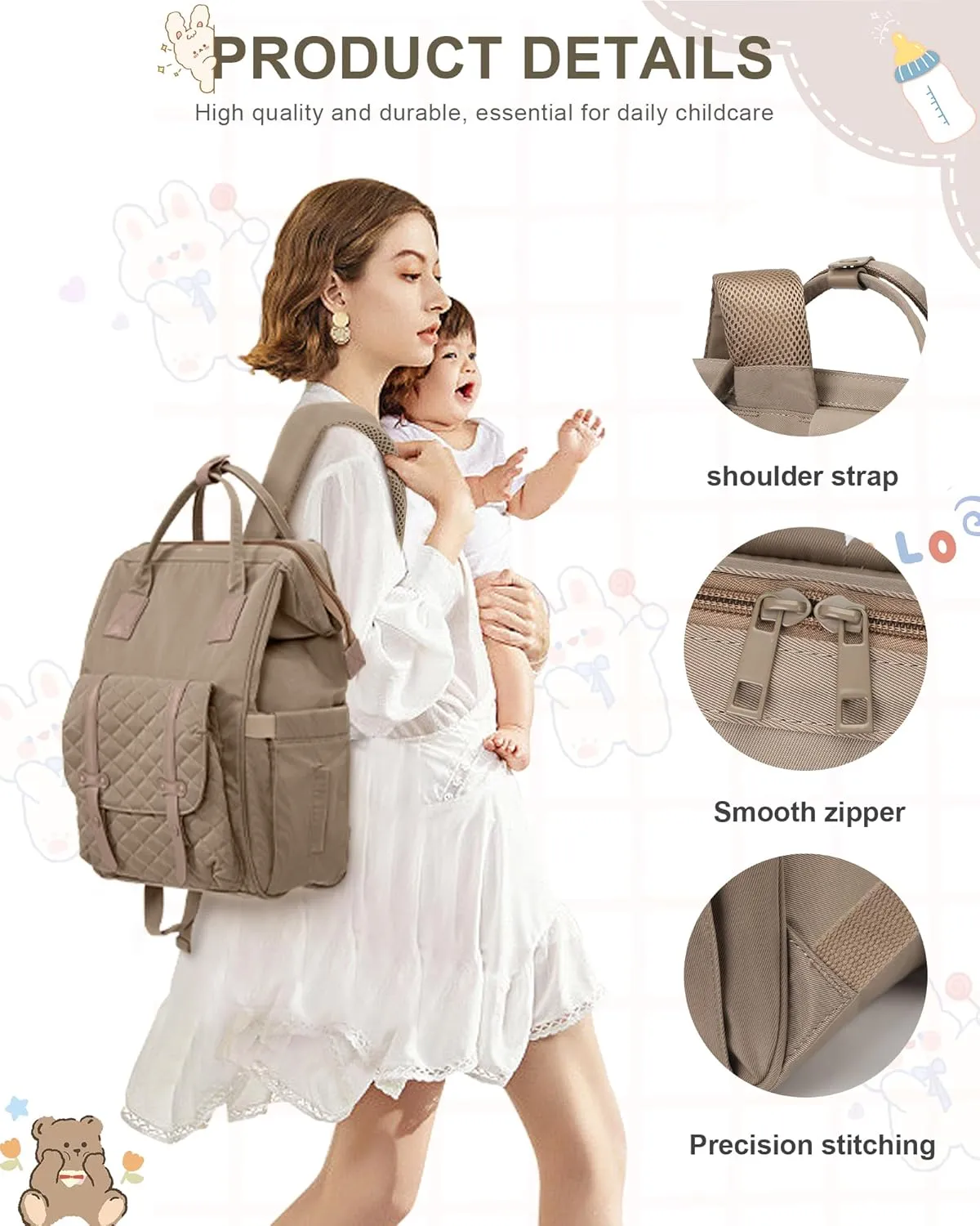 Diaper Bags Backpack Baby Bag for Mom Dad Baby Girls Boy, Cute Mult Diaper Nappy Bag Travel Back Pack, Water Repellent Maternity Changing Bag Baby Stuff with USB Charging Port Khaki