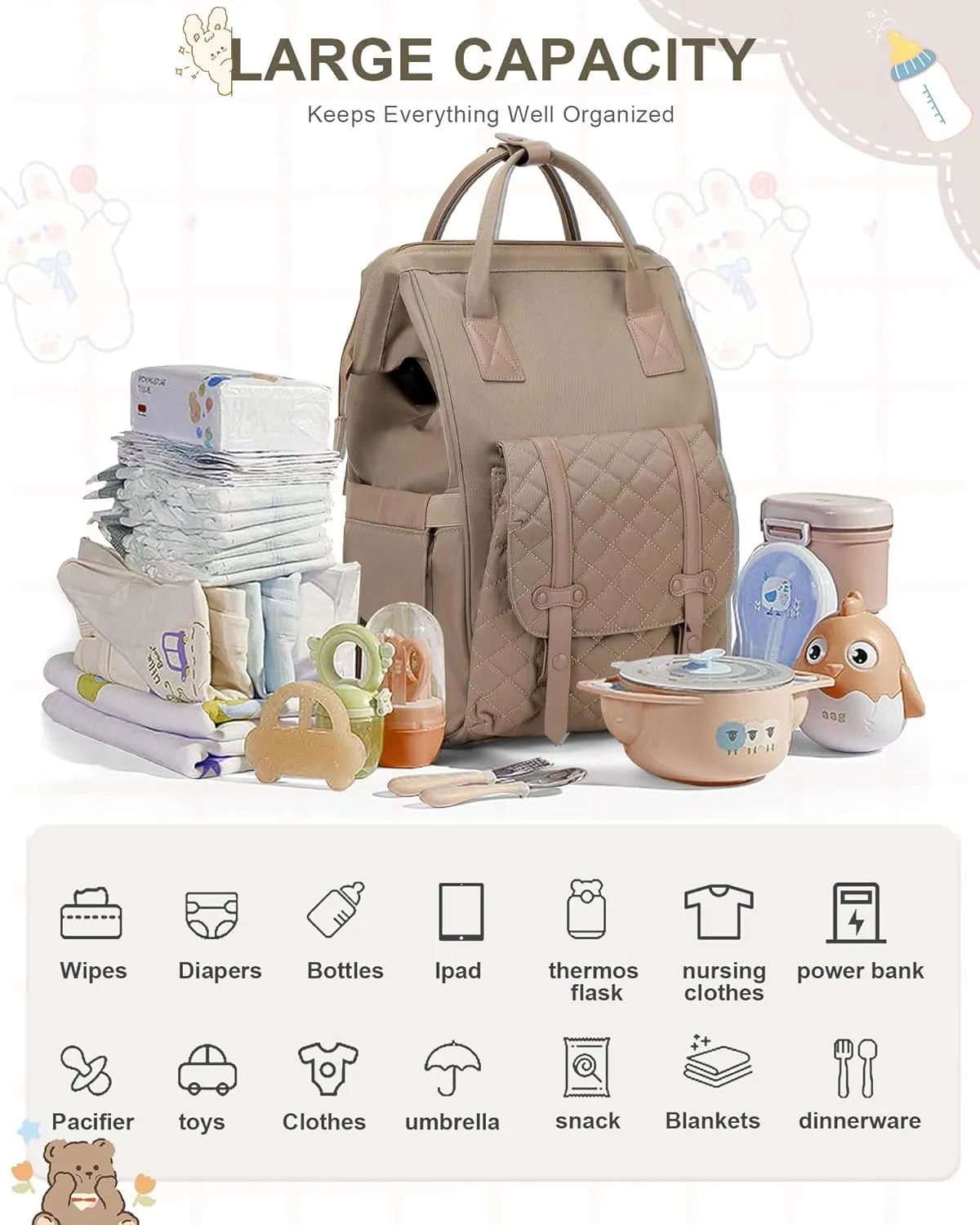 Diaper Bags Backpack Baby Bag for Mom Dad Baby Girls Boy, Cute Mult Diaper Nappy Bag Travel Back Pack, Water Repellent Maternity Changing Bag Baby Stuff with USB Charging Port Khaki
