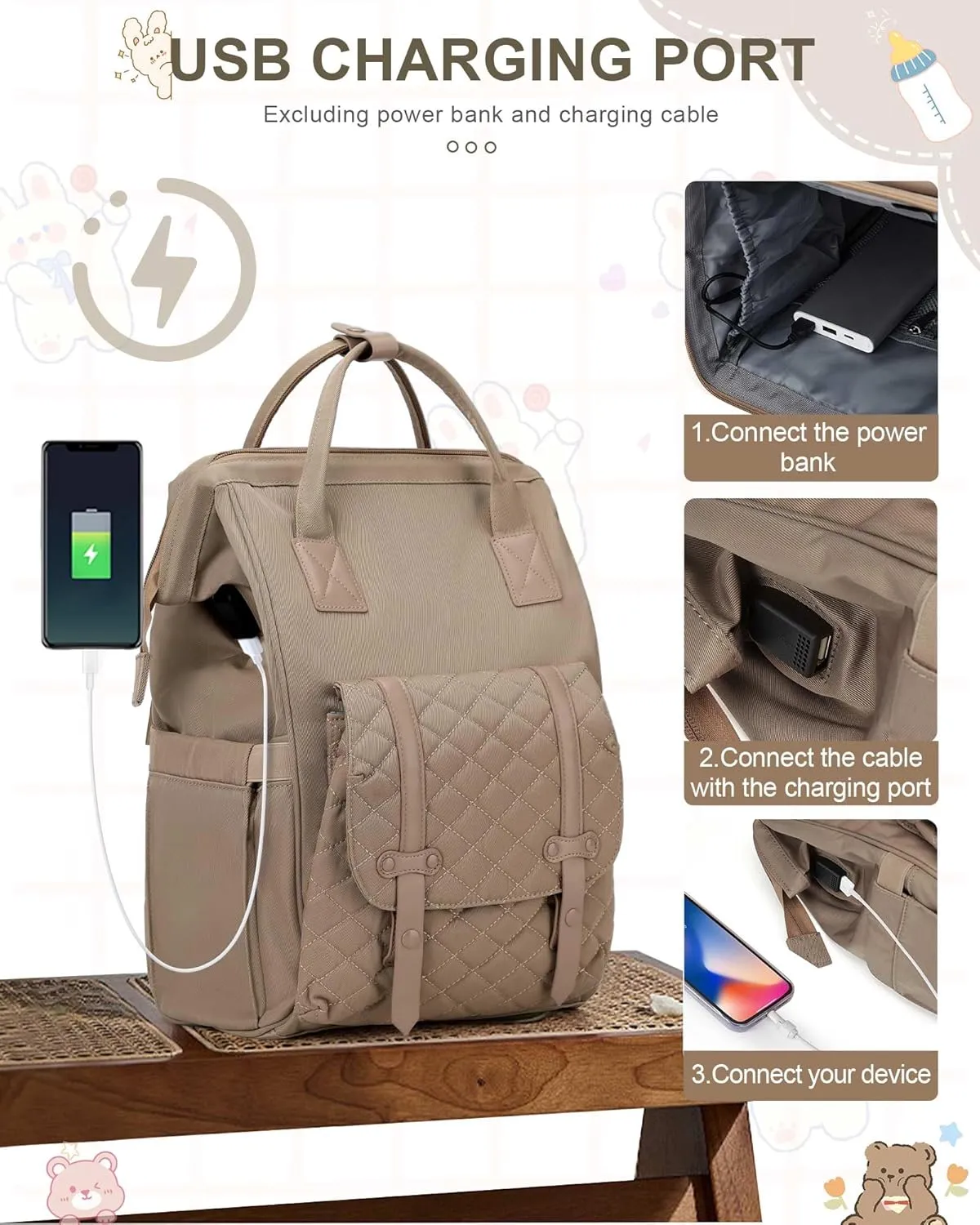 Diaper Bags Backpack Baby Bag for Mom Dad Baby Girls Boy, Cute Mult Diaper Nappy Bag Travel Back Pack, Water Repellent Maternity Changing Bag Baby Stuff with USB Charging Port Khaki
