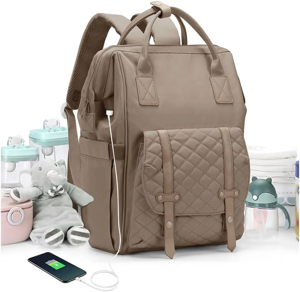 Diaper Bags Backpack Baby Bag for Mom Dad Baby Girls Boy, Cute Mult Diaper Nappy Bag Travel Back Pack, Water Repellent Maternity Changing Bag Baby Stuff with USB Charging Port Khaki