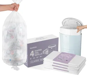 Diaper Pail Refill Bags (4 Pack) - Recycled Ocean Plastic - for Mini/Classic/Plus Diaper Pails, Holds Up to 1200/1980/2320 Newborn Diapers - Fresh Scent & Odor Control for Baby Parents
