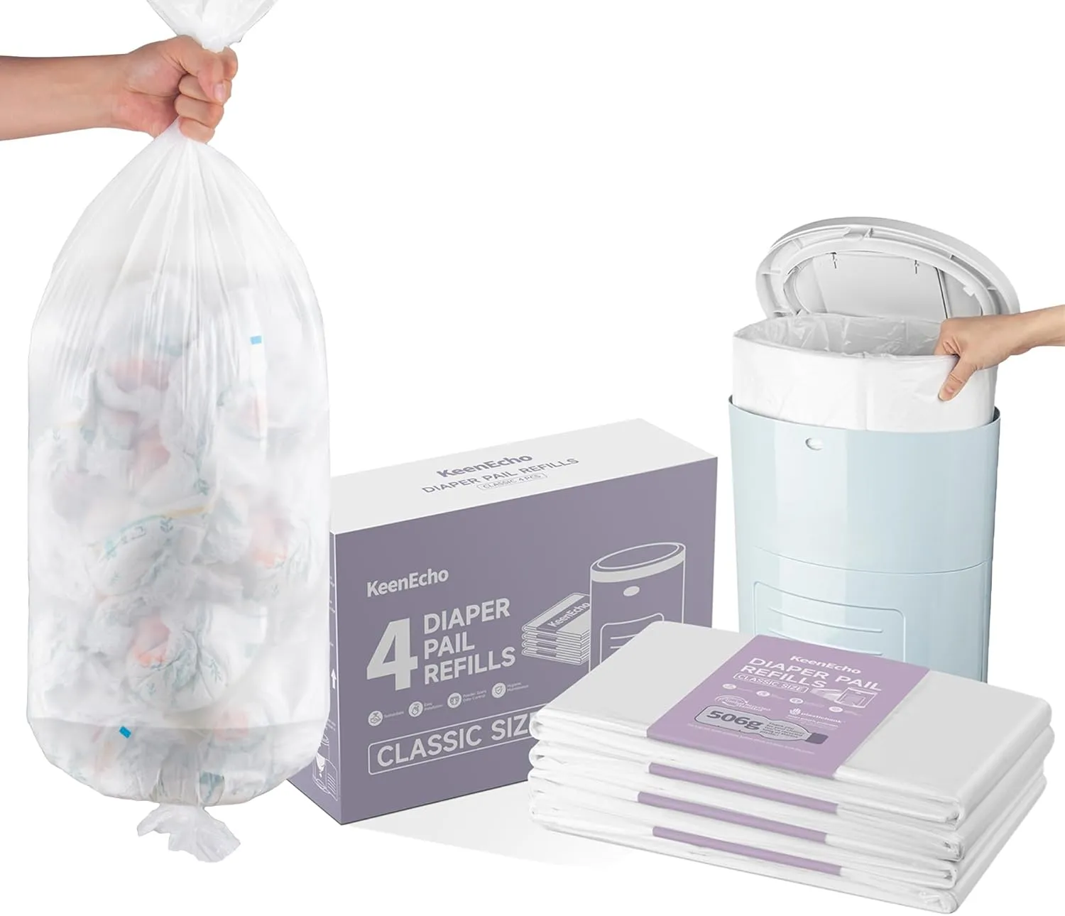 Diaper Pail Refill Bags (4 Pack) - Recycled Ocean Plastic - for Mini/Classic/Plus Diaper Pails, Holds Up to 1200/1980/2320 Newborn Diapers - Fresh Scent & Odor Control for Baby Parents