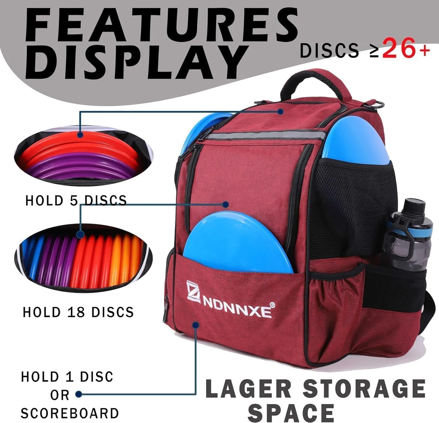 Disc Golf Bag, Disc Golf Backpack with 26  Disc Capacity, Durable & Lightweight Disc Golf Bags with 8 Storage Pockets