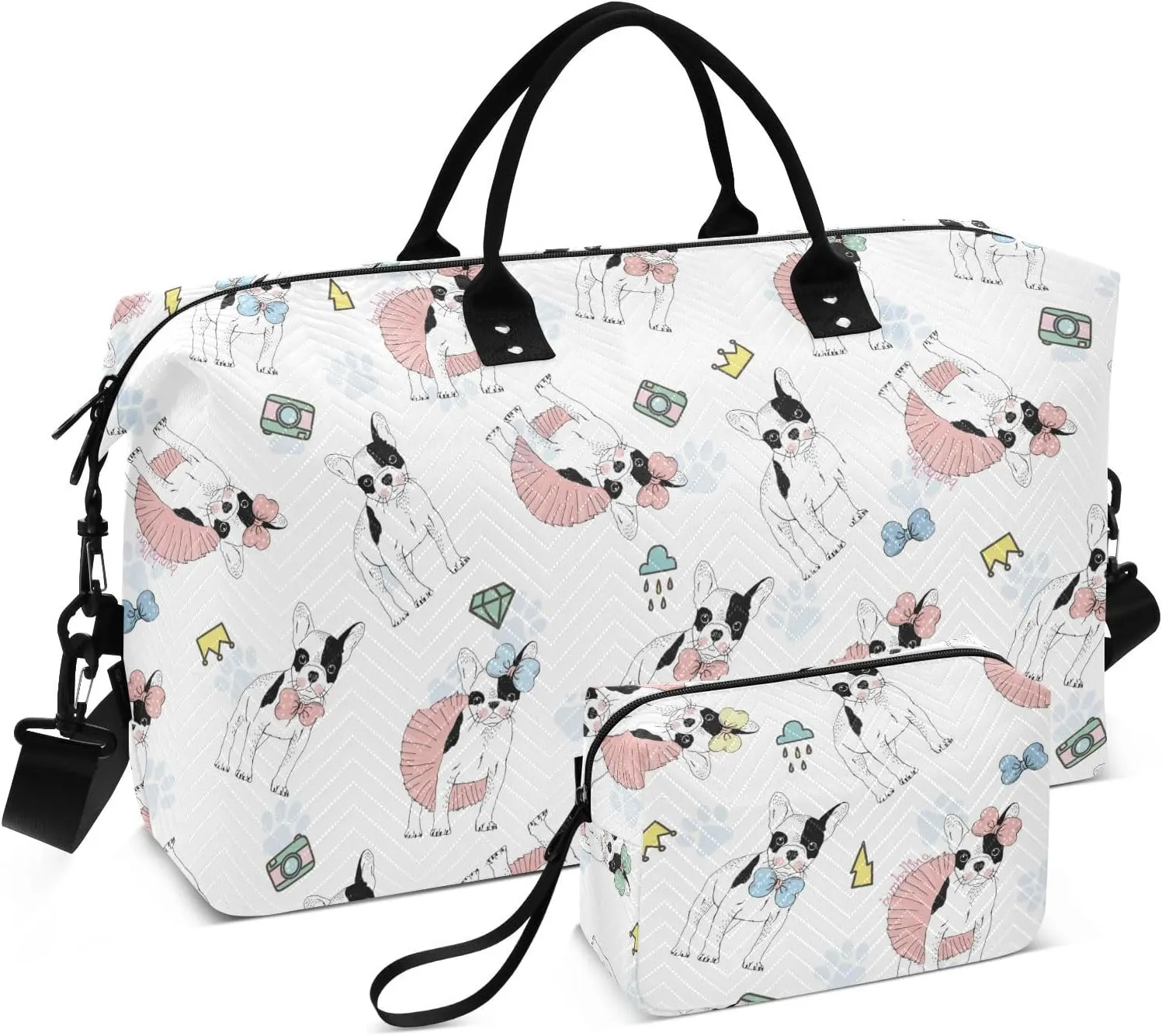 Dog Skirt White Travel Duffle Bag Weekender Bags Carry On Bag Quilt Gym Bag Overnight Bag with Make Up Bag for Women Ladies Airplane Trip Travel Essentials Gifts