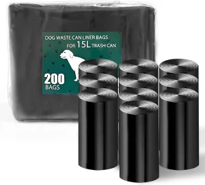 Dog Waste Can Liners, Dog Waste Bags for 15L Dog Poop Trash Can Outside, 10 Pack Dog Poop Bags Rolls Totaling 200 Bags for Outdoor, Garage, Yard or Other Locations, Black