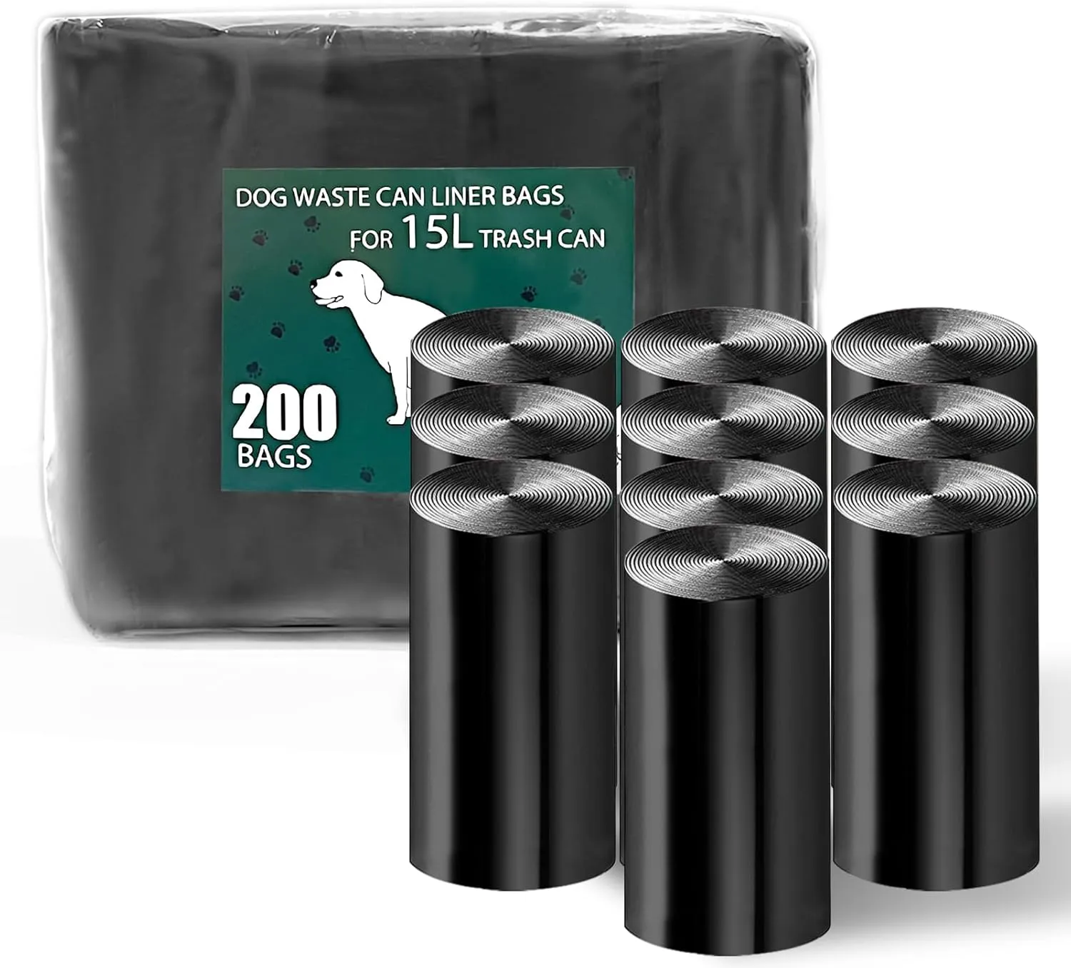 Dog Waste Can Liners, Dog Waste Bags for 15L Dog Poop Trash Can Outside, 10 Pack Dog Poop Bags Rolls Totaling 200 Bags for Outdoor, Garage, Yard or Other Locations, Black