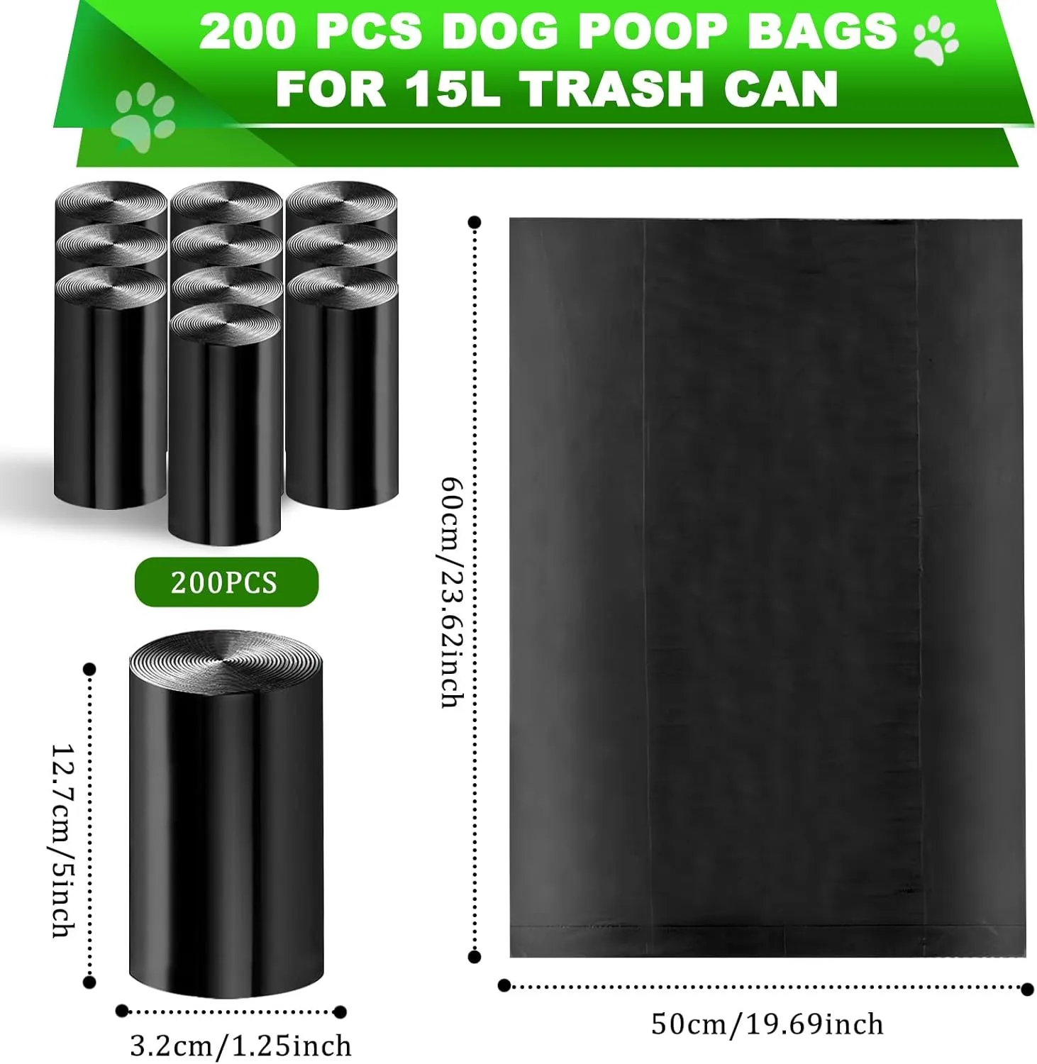 Dog Waste Can Liners, Dog Waste Bags for 15L Dog Poop Trash Can Outside, 10 Pack Dog Poop Bags Rolls Totaling 200 Bags for Outdoor, Garage, Yard or Other Locations, Black