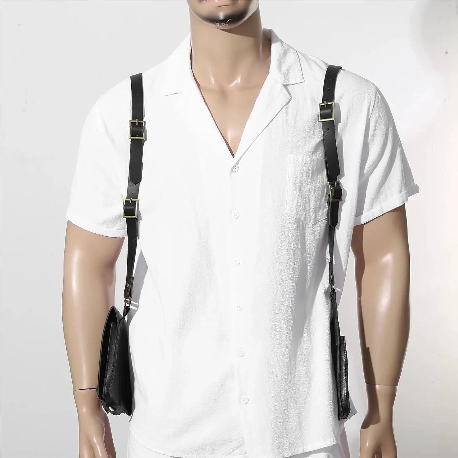 Double Shoulder Armpit Bag Men Women Vintage PU Leather Shoulder Harness Bag Double Phone Wallet Case Holster Viking Underarm Purse Bag Costume