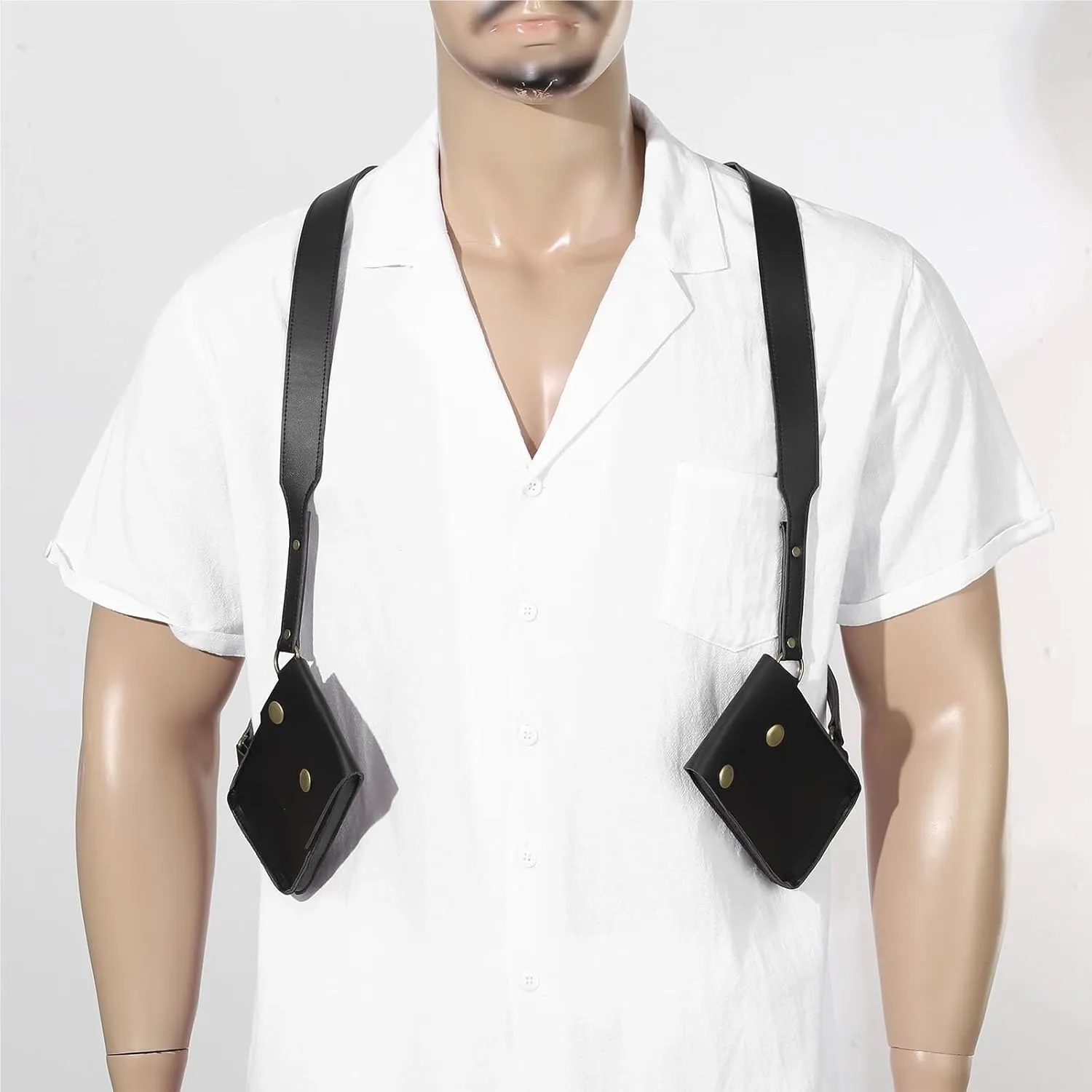 Double Shoulder Armpit Bag Men Women Vintage PU Leather Shoulder Harness Bag Double Phone Wallet Case Holster Viking Underarm Purse Bag Costume
