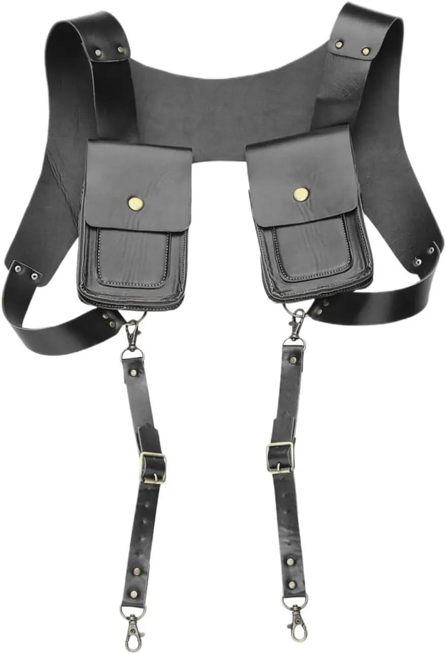 Double Shoulder Armpit Bag Men Women Vintage PU Leather Shoulder Harness Bag Double Phone Wallet Case Holster Viking Underarm Purse Bag Costume