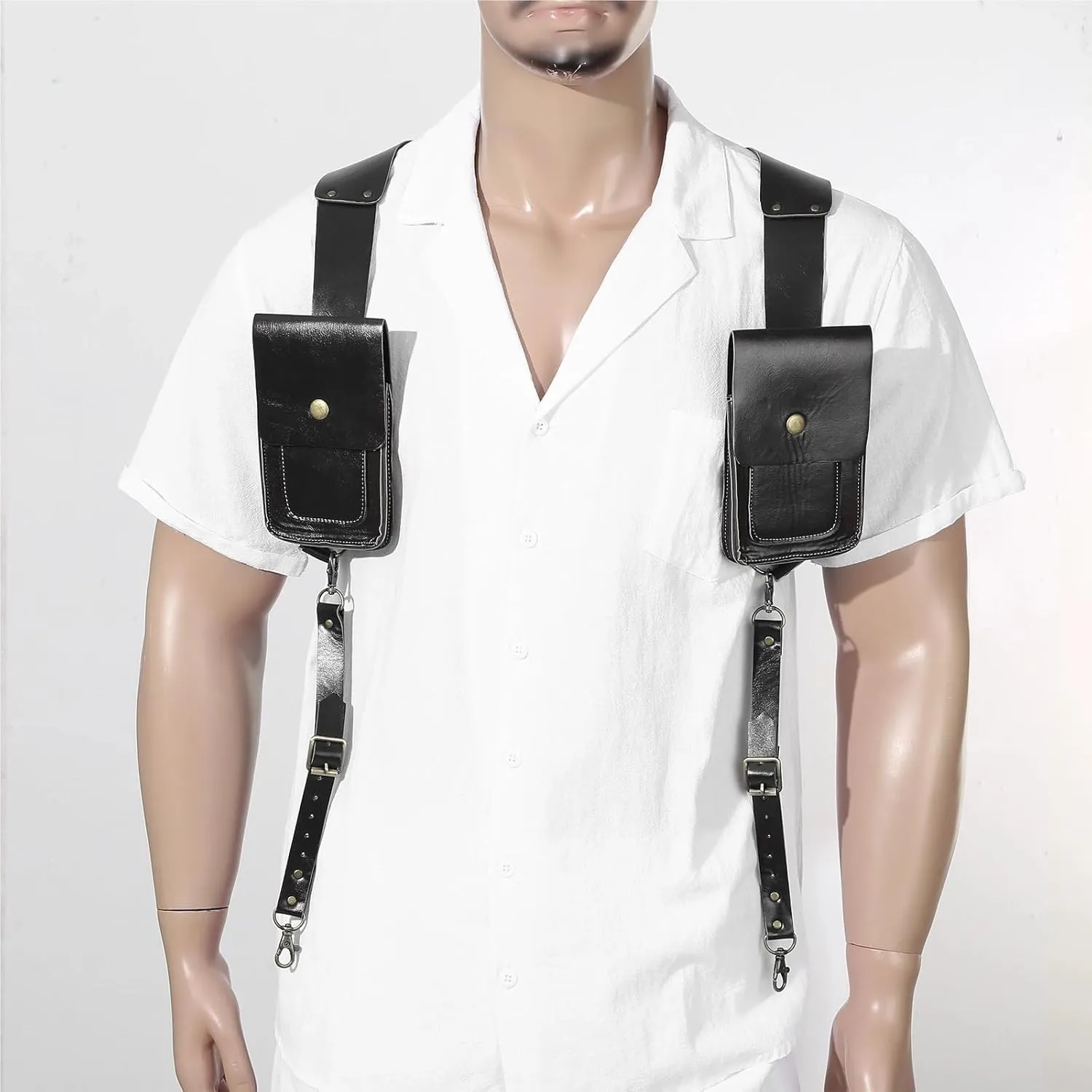 Double Shoulder Armpit Bag Men Women Vintage PU Leather Shoulder Harness Bag Double Phone Wallet Case Holster Viking Underarm Purse Bag Costume