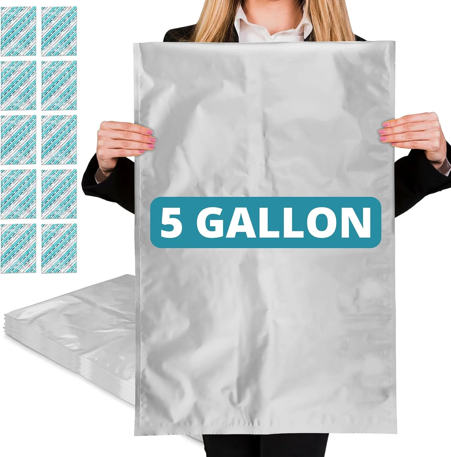Dry-Packs 20 5 Gallon Mylar Bags with Oxygen Absorbers for Food Storage, 2000cc Oxygen Absorber, Long Term Food Storage Solution, Durable and Reliable Mylar Bags, 20"x30" Silver