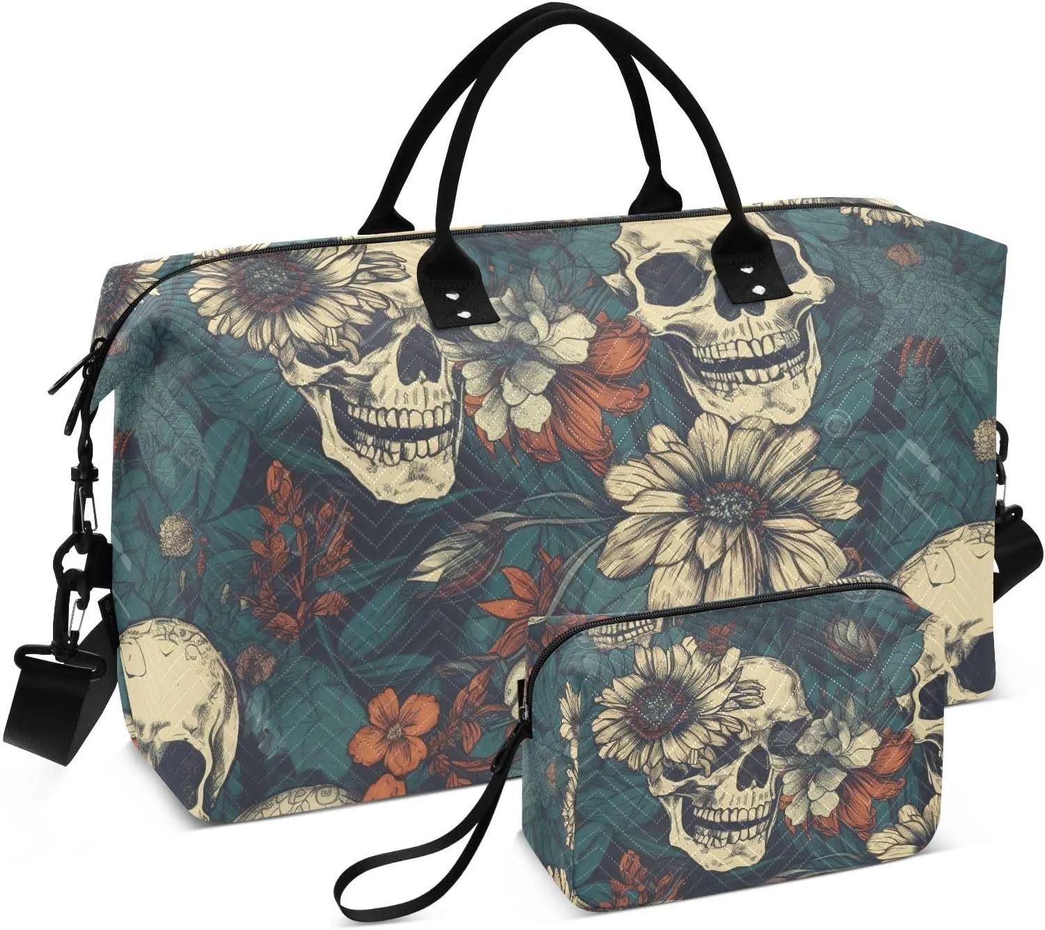 Duffel Bag Set for Travel Gym Sport, Weekender Bag Carry on Overnight Bags for Women Men-Art Floral Skull Print