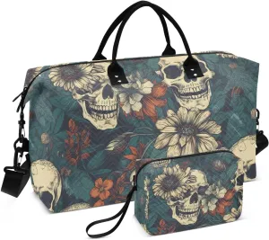 Duffel Bag Set for Travel Gym Sport, Weekender Bag Carry on Overnight Bags for Women Men-Art Floral Skull Print