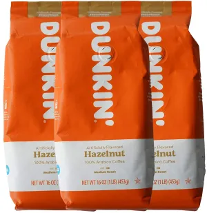 Dunkiin_Donuts Hazelnut Ground Bean Coffee, Medium Roast, Caffeinated 100% Arabica Coffee Bag 3LB - 48 Ounce (1lb Pack of 3) with eRaiyan Sticker