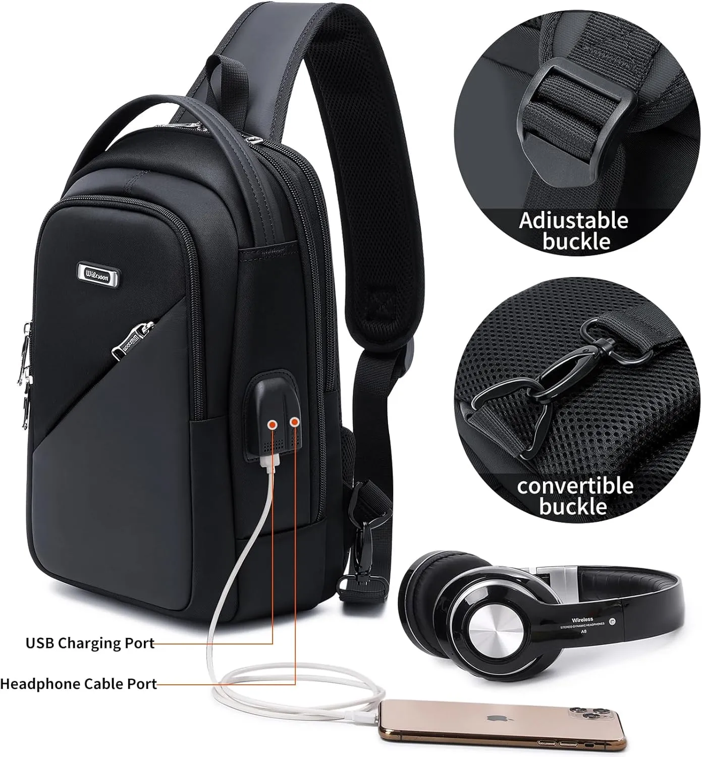 DUSLANG Hiking Daypack Shoulder Backpack Crossbody Sling bag for Men, Chest Bags with USB Charger Port For Casual Camping Biking Travel Cycling