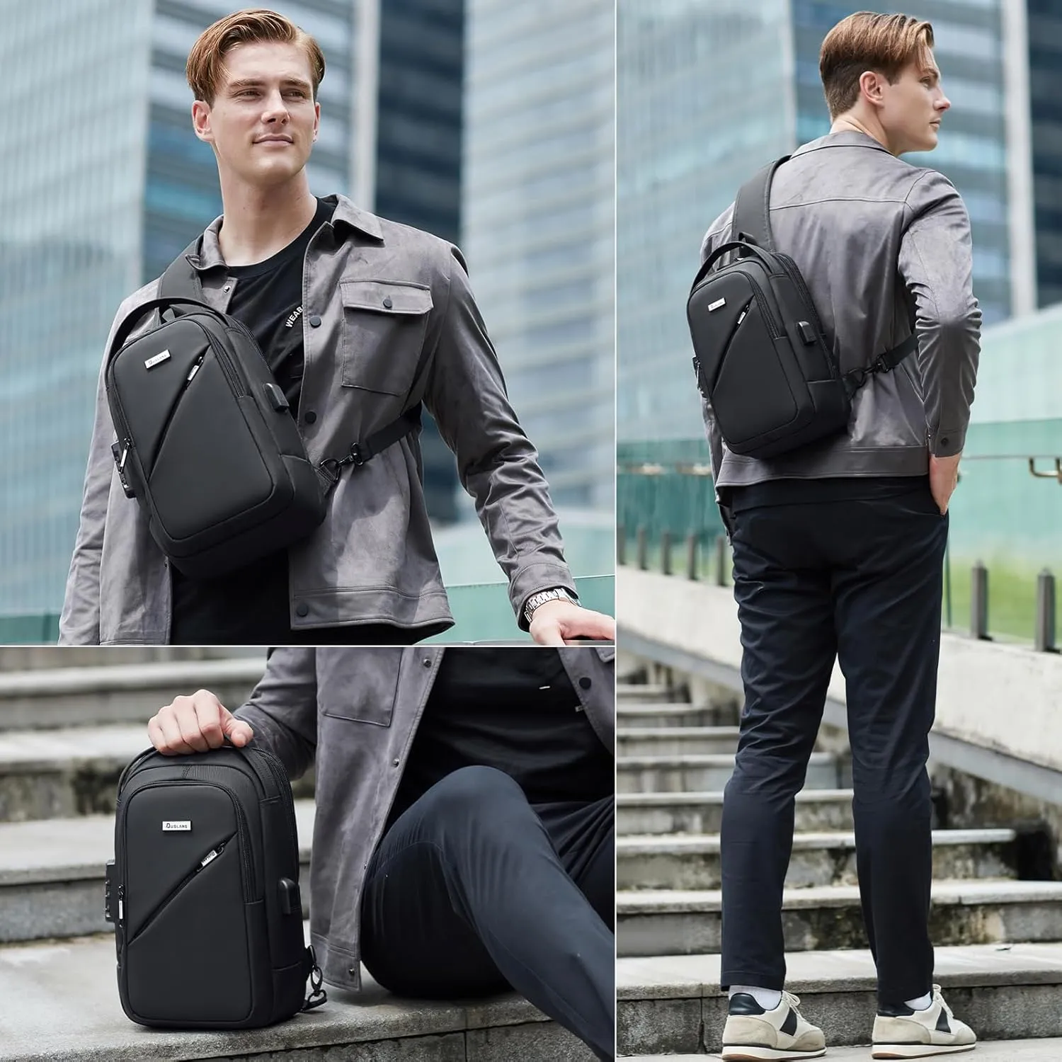 DUSLANG Hiking Daypack Shoulder Backpack Crossbody Sling bag for Men, Chest Bags with USB Charger Port For Casual Camping Biking Travel Cycling