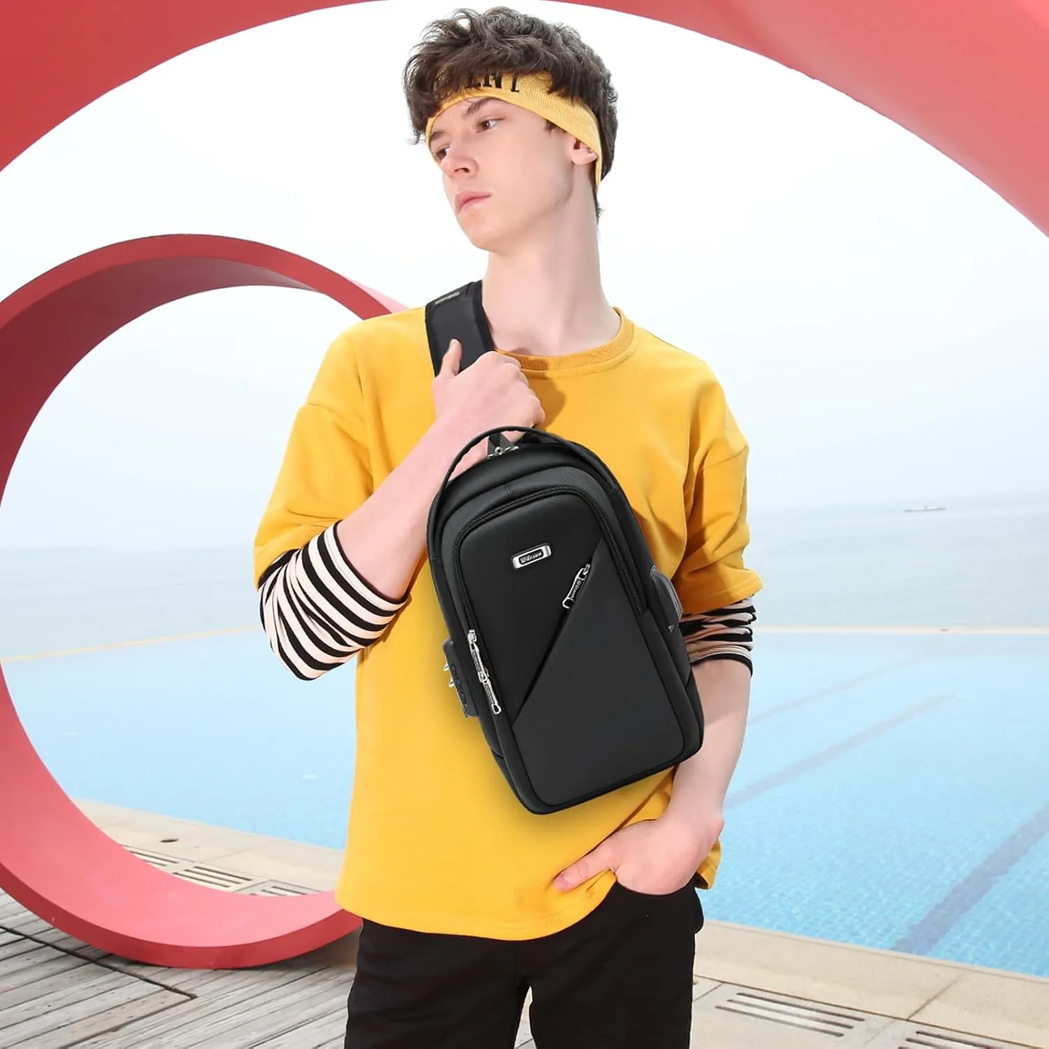 DUSLANG Hiking Daypack Shoulder Backpack Crossbody Sling bag for Men, Chest Bags with USB Charger Port For Casual Camping Biking Travel Cycling