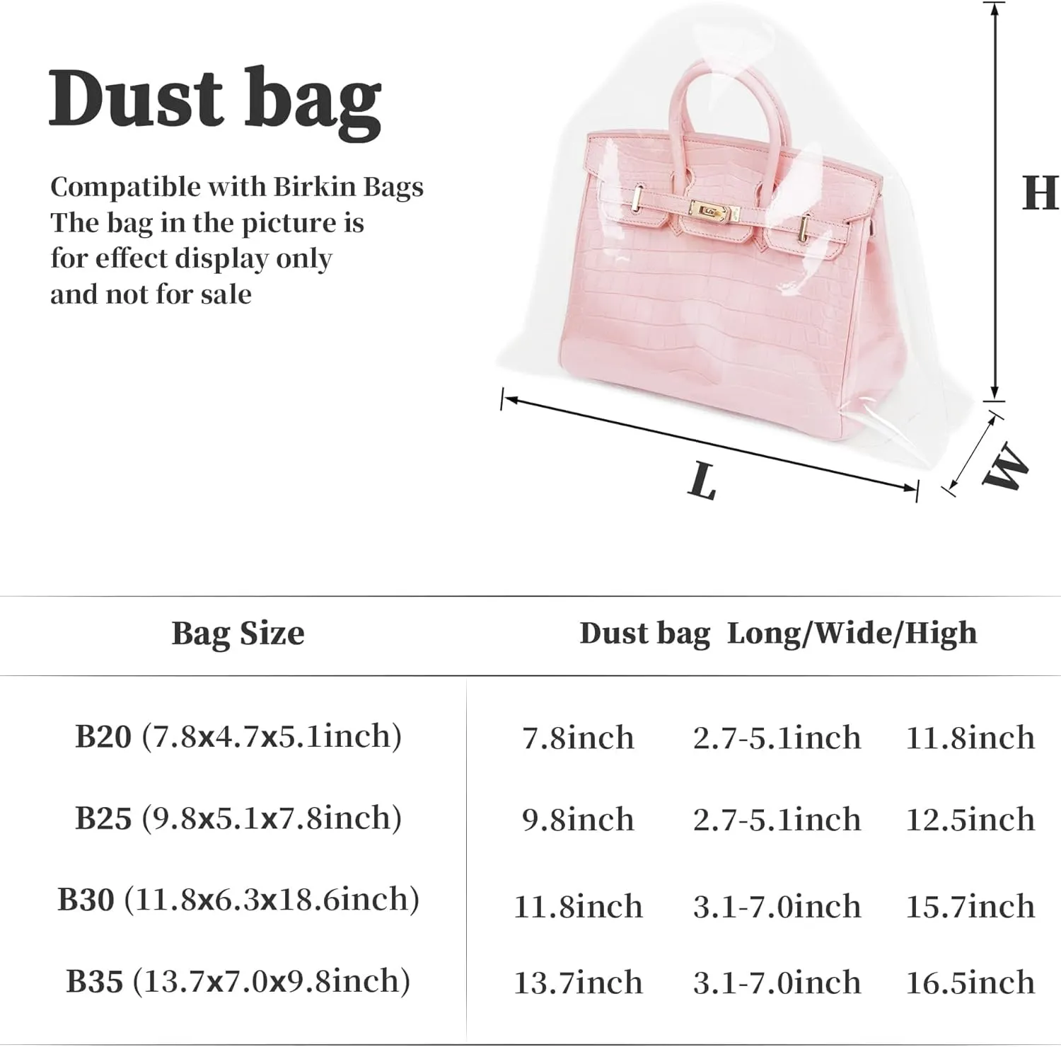 Dust Bag, Dust-proof Bag Compatible with Birkin 30, Clear Dust Cover Bag for Lady Purses, Dustproof Storage Bag with Sticky Dots & Air Hole (BK30,30CM)