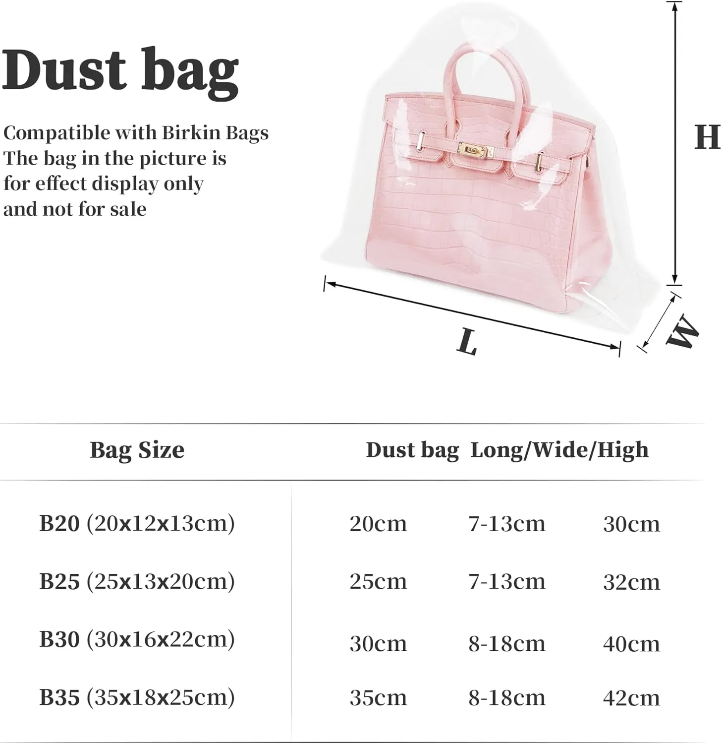 Dust Bag, Dust-proof Bag Compatible with Birkin 30, Clear Dust Cover Bag for Lady Purses, Dustproof Storage Bag with Sticky Dots & Air Hole (BK30,30CM)