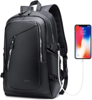 DYJ Vegan Leather Laptop Backpack for Women&Men, PU Vintage Travel Daypacks with USB Charging Port 17 Inch Laptop
