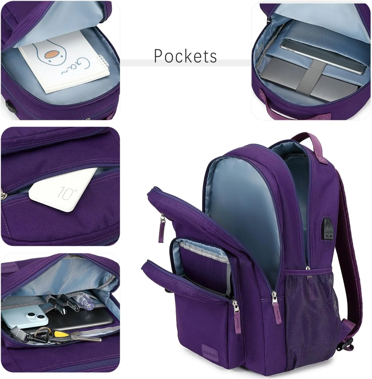ecodudo School Backpack for Men and Women Water Resistant Daypack for College Work15.6 inch Laptop Bookbag with USB Charging Port (Purple)