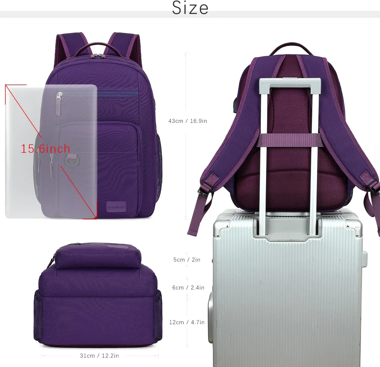 ecodudo School Backpack for Men and Women Water Resistant Daypack for College Work15.6 inch Laptop Bookbag with USB Charging Port (Purple)