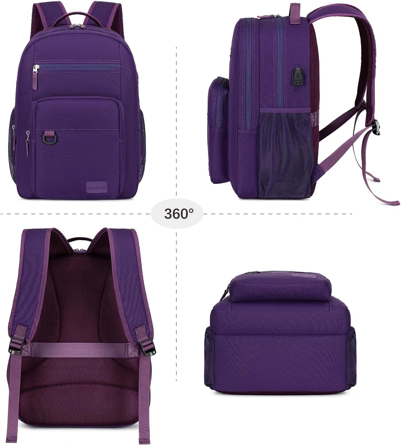 ecodudo School Backpack for Men and Women Water Resistant Daypack for College Work15.6 inch Laptop Bookbag with USB Charging Port (Purple)