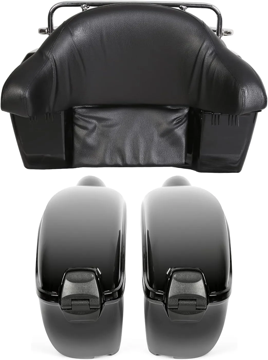 ECOTRIC Black Universal Hard Saddle Bag Trunk Tail Box w/Top Rack & Backrest & Tail Light Compatible with Yamaha Cruiser