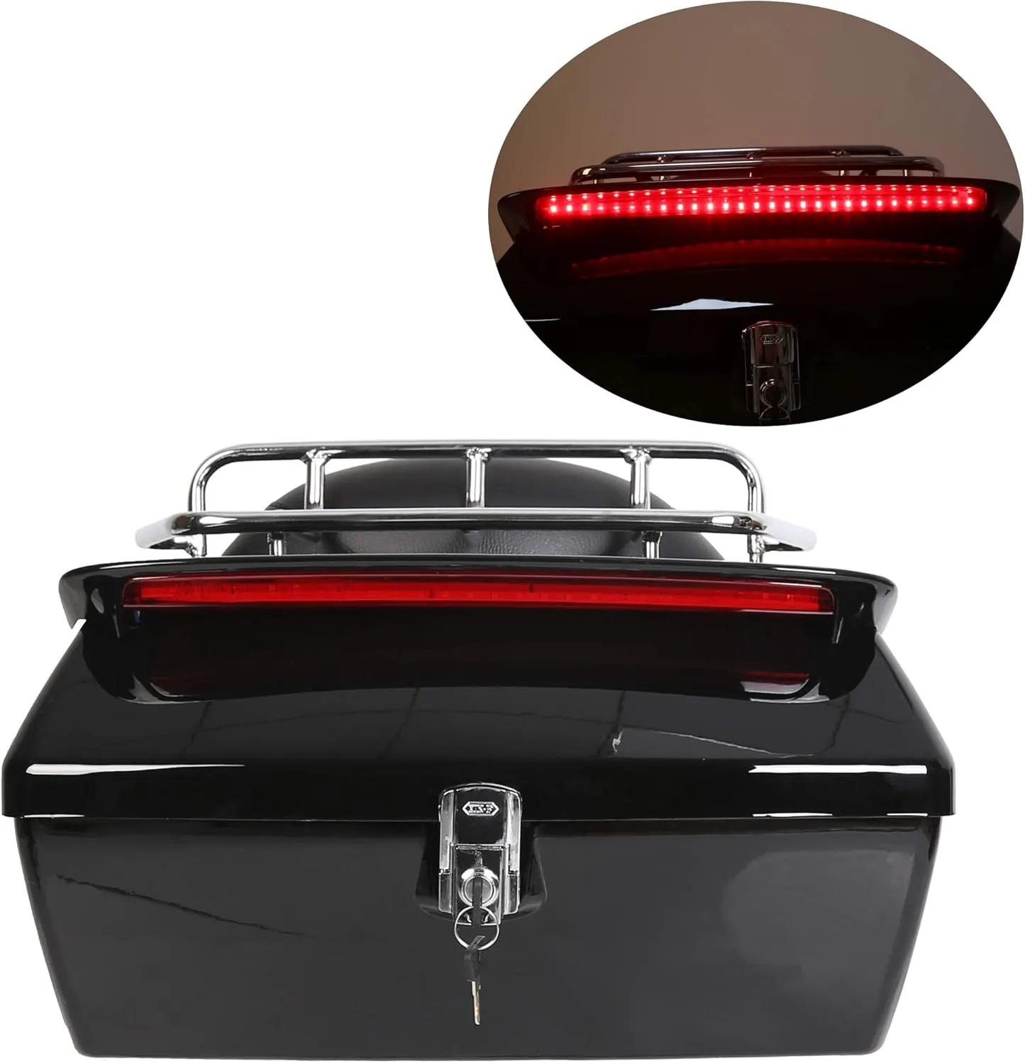 ECOTRIC Black Universal Hard Saddle Bag Trunk Tail Box w/Top Rack & Backrest & Tail Light Compatible with Yamaha Cruiser