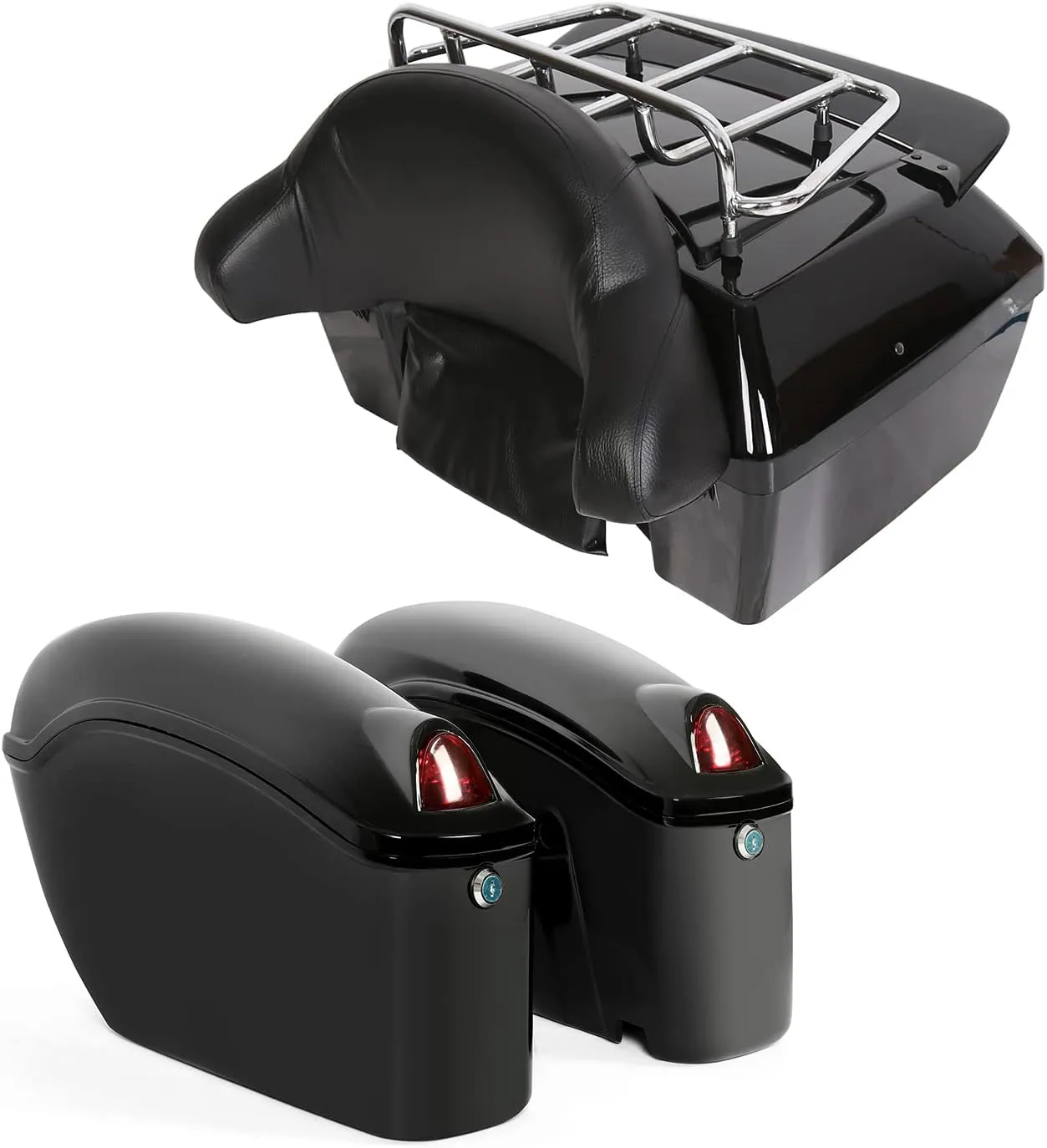 ECOTRIC Black Universal Hard Saddle Bag Trunk Tail Box w/Top Rack & Backrest & Tail Light Compatible with Yamaha Cruiser