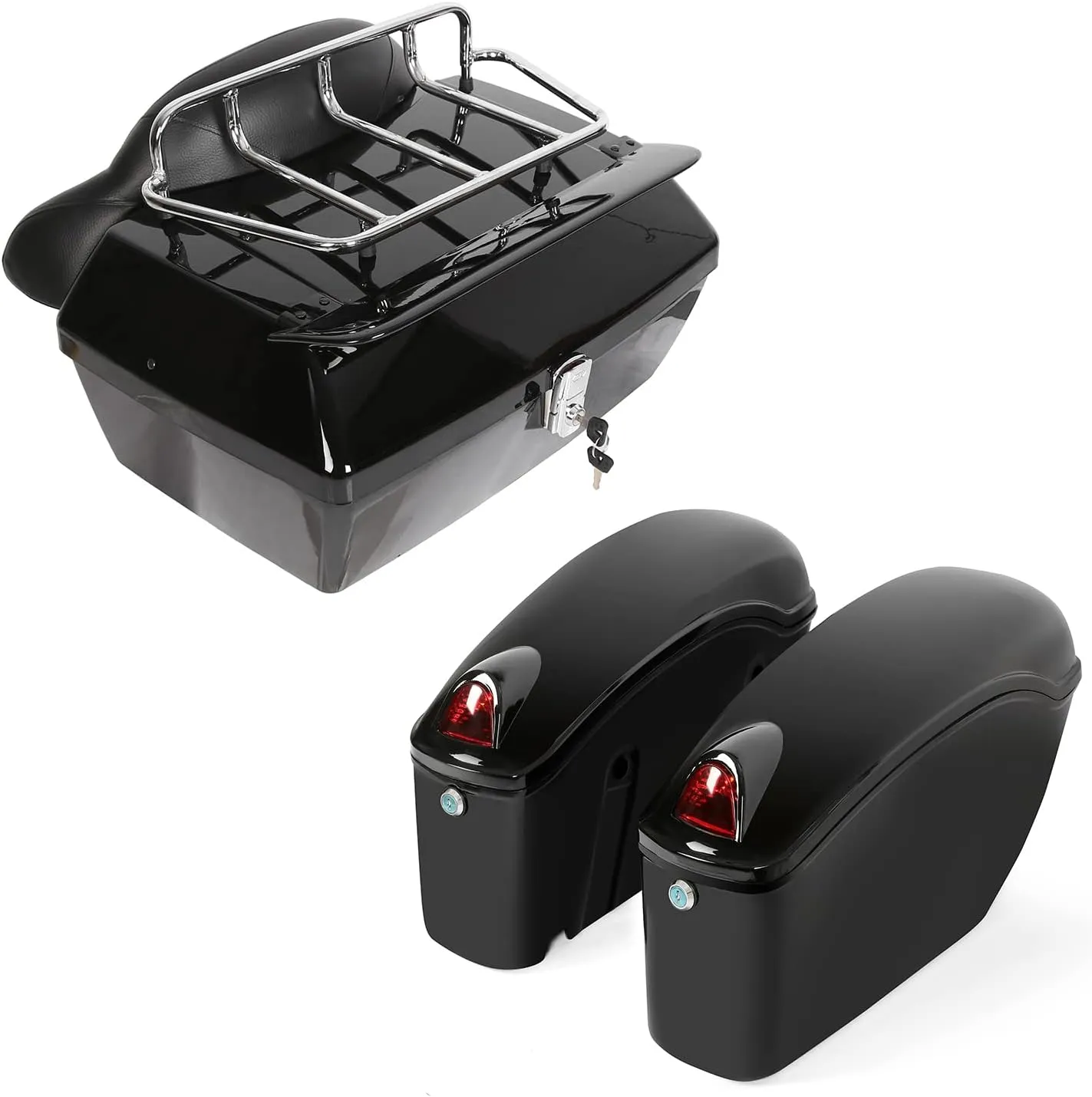 ECOTRIC Black Universal Hard Saddle Bag Trunk Tail Box w/Top Rack & Backrest & Tail Light Compatible with Yamaha Cruiser