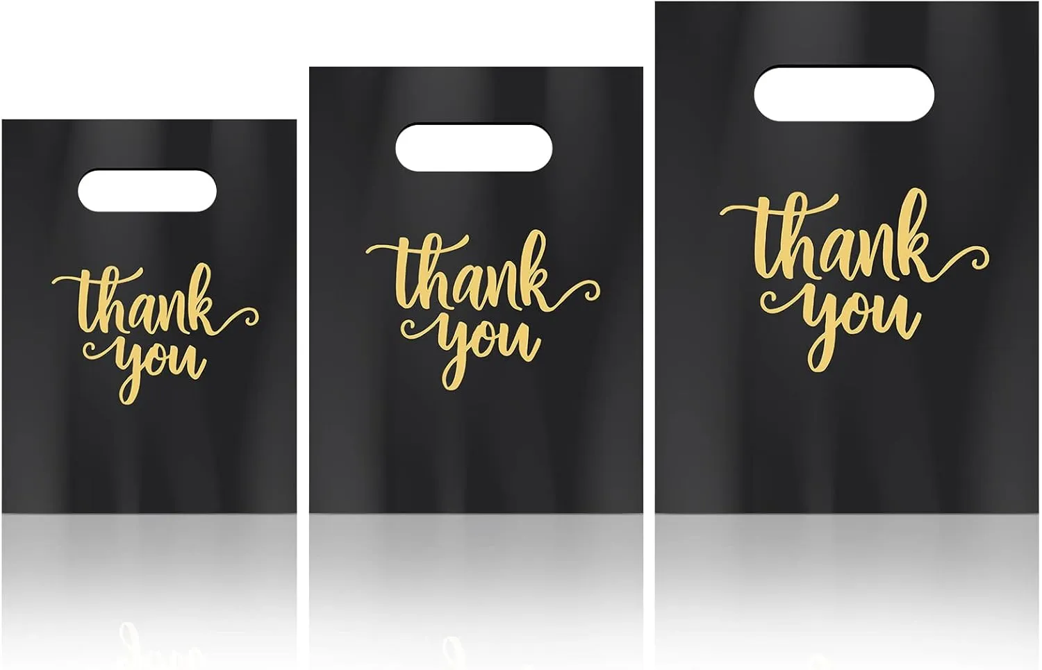 Eersida 200 Pcs Thank You Plastic Bags with Handles Die Cut Plastic Shopping Merchandise Bags Bulk 3 Sizes Retail Grocery Shopping Pack for Small Business Goodie Wedding Party(Black)