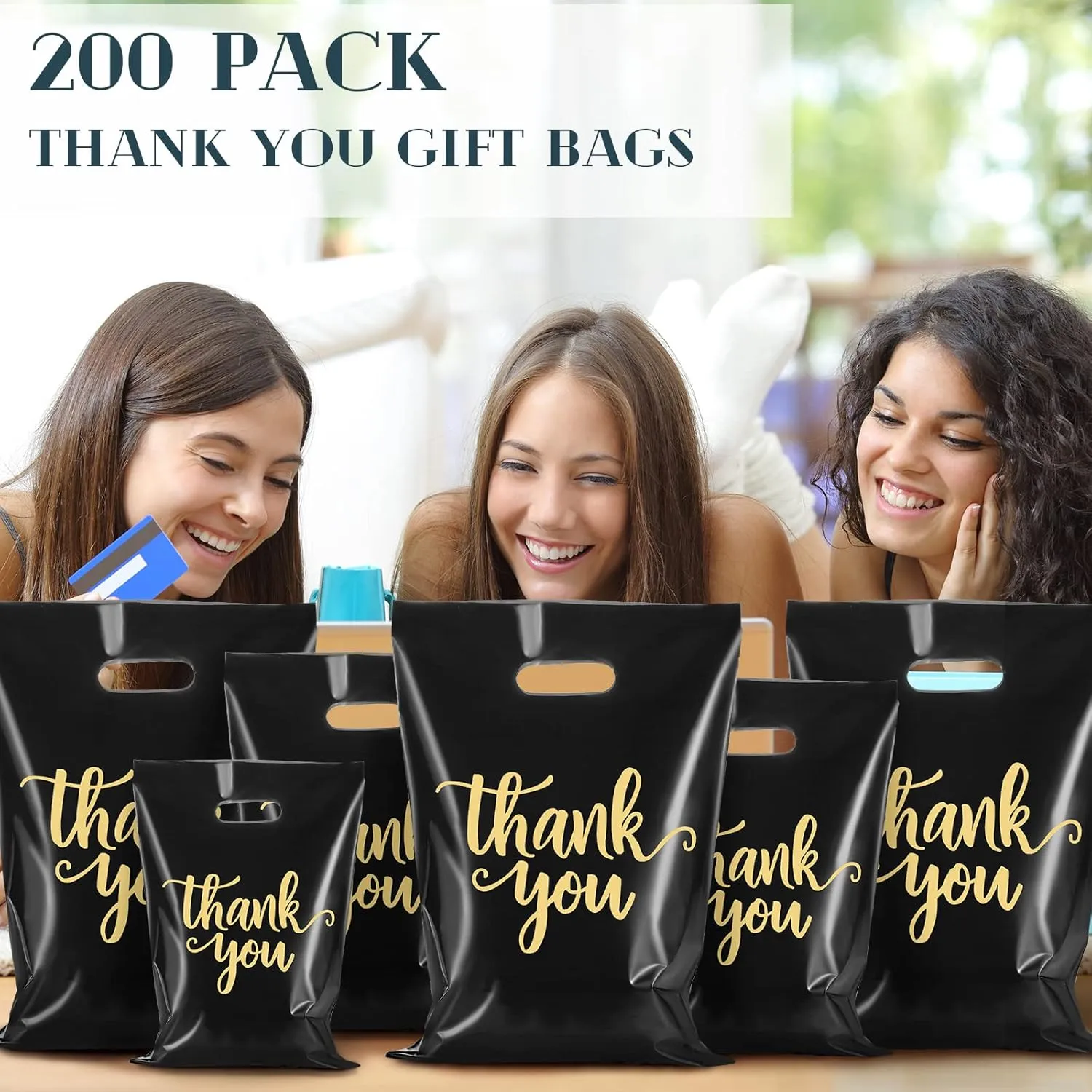 Eersida 200 Pcs Thank You Plastic Bags with Handles Die Cut Plastic Shopping Merchandise Bags Bulk 3 Sizes Retail Grocery Shopping Pack for Small Business Goodie Wedding Party(Black)