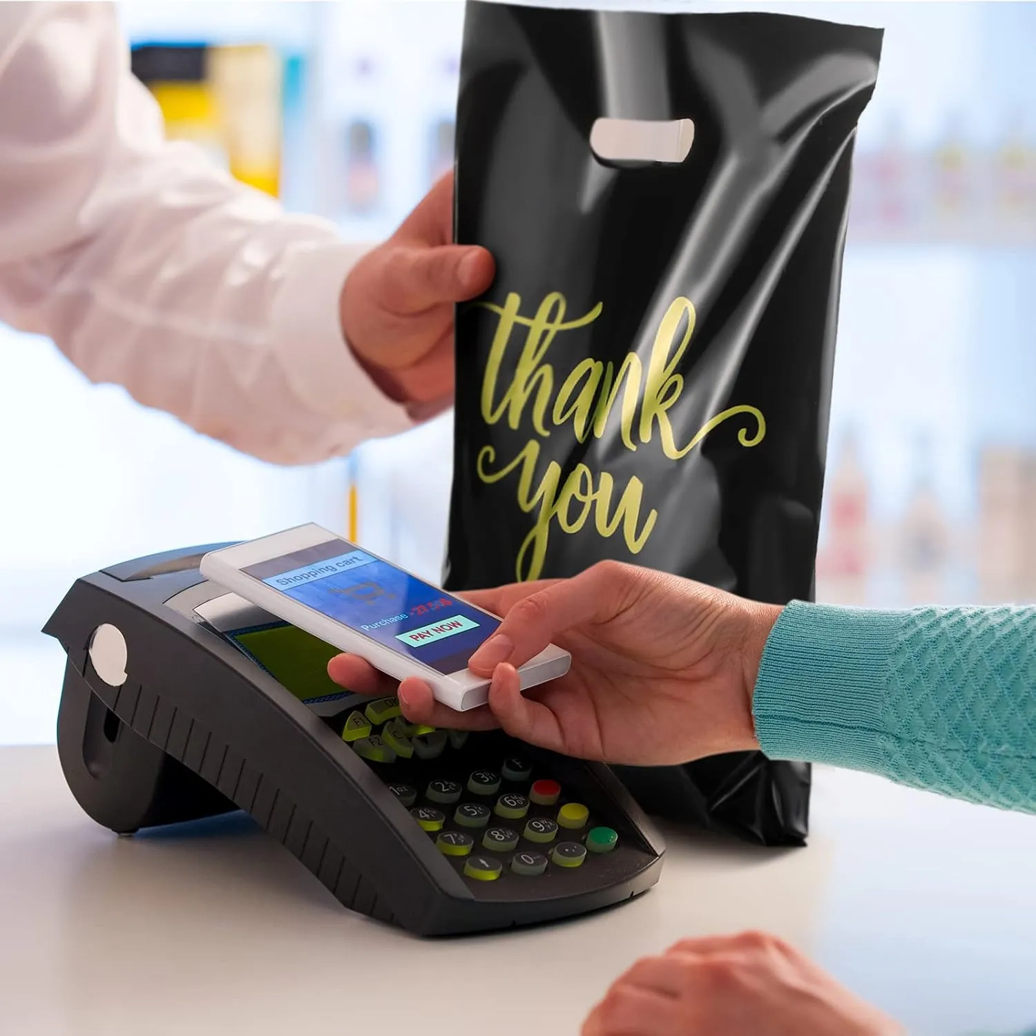 Eersida 200 Pcs Thank You Plastic Bags with Handles Die Cut Plastic Shopping Merchandise Bags Bulk 3 Sizes Retail Grocery Shopping Pack for Small Business Goodie Wedding Party(Black)