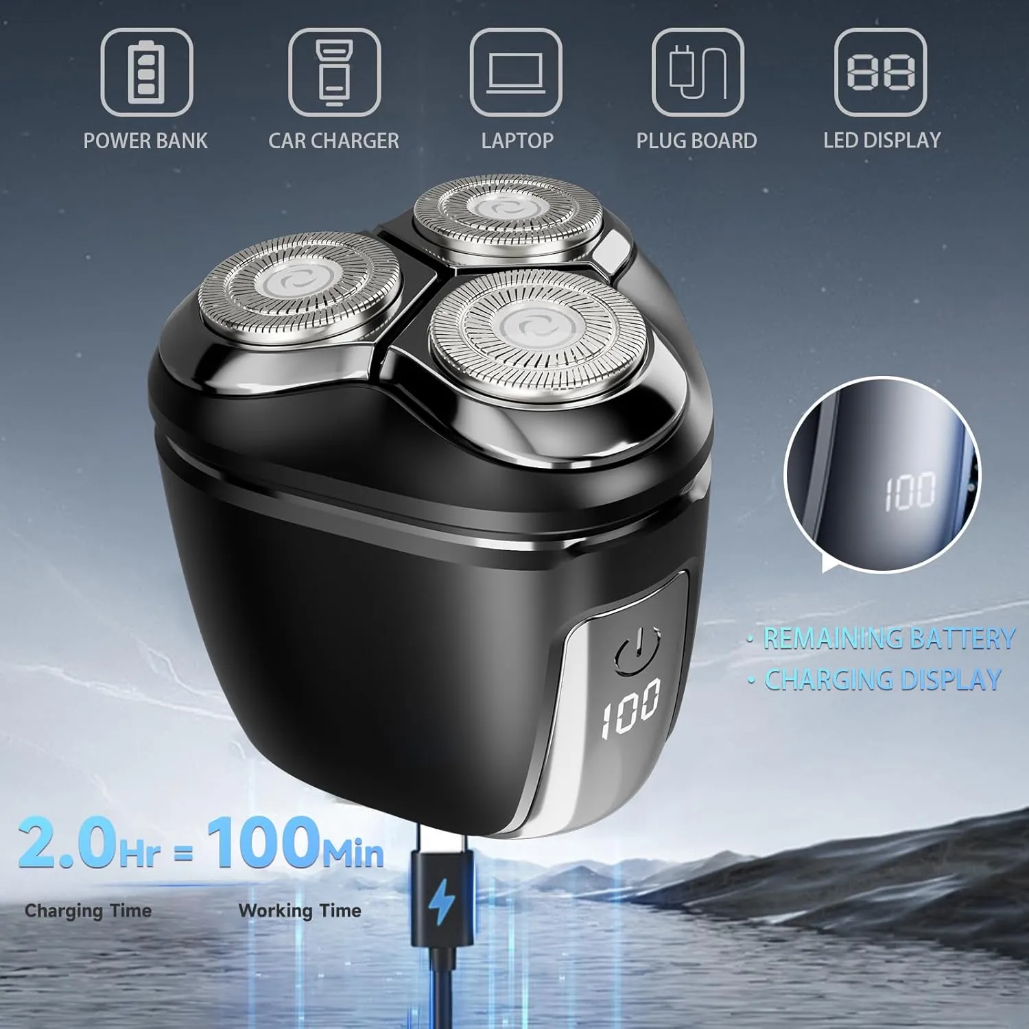 Electric Head Hair Shaver for Men-Mini Electric Razor Portable Rotary Shaver Rechargeable Wet/Dry & Bald Head Grooming Kit with Led Display Magnetic Mini Razor for Travel Black