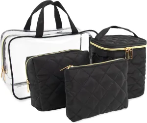Emma & Chloe Travel Toiletry Bags for Women, 4 Piece Large Waterproof Cosmetic Case Set, Pouch Makeup Organizer Bags for Women, with Handle (Sleek Quilted Black)