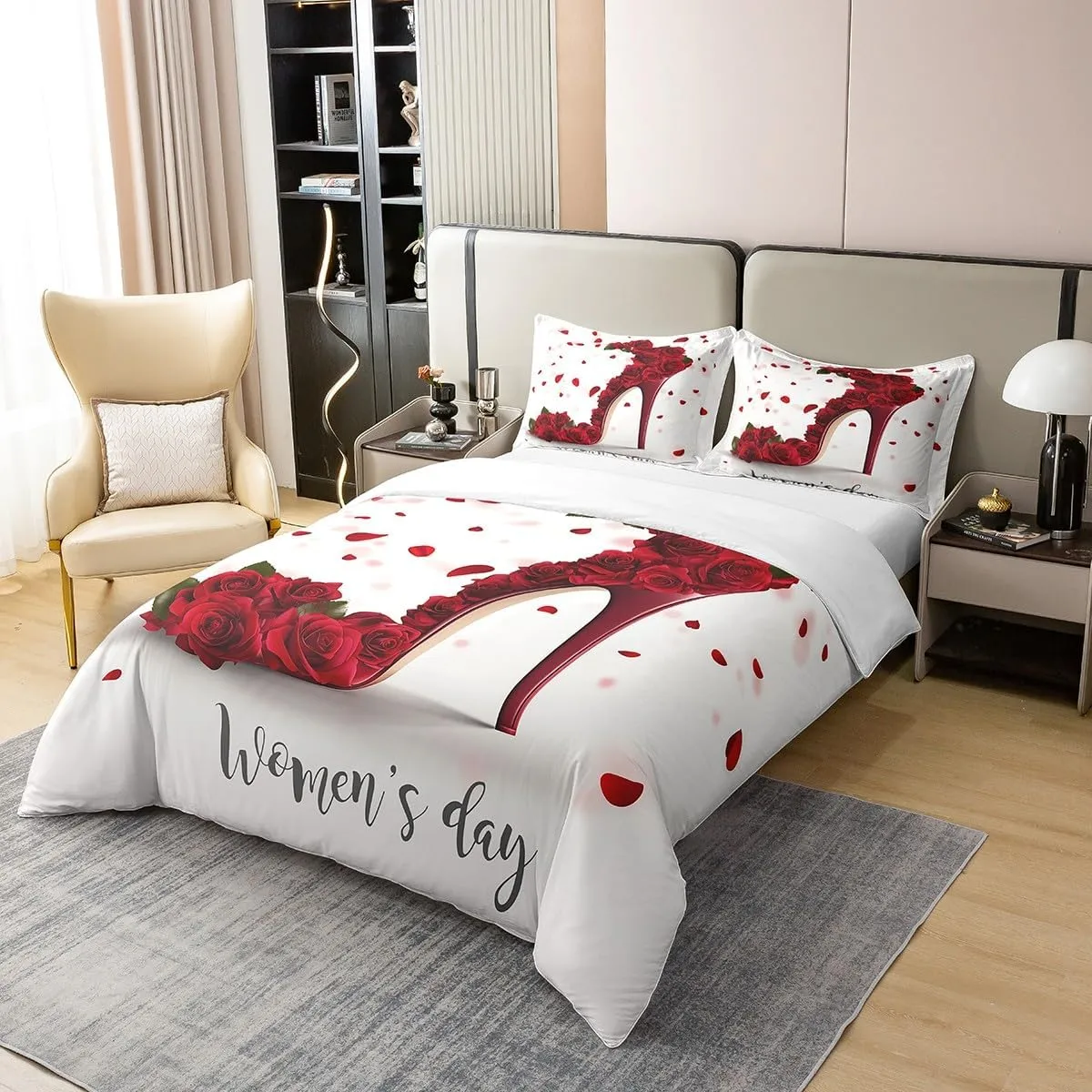 Erosebridal 100% Cotton Red Rose Comforter Cover King,High Heel Bedding Set for Women Girls,Romantic Flower Floral Duvet Cover Soft Comfy,Valentine's Day Quilt Cover Gifts for Her for Bedroom Decor