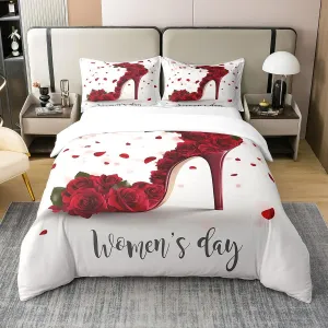 Erosebridal 100% Cotton Red Rose Comforter Cover King,High Heel Bedding Set for Women Girls,Romantic Flower Floral Duvet Cover Soft Comfy,Valentine's Day Quilt Cover Gifts for Her for Bedroom Decor
