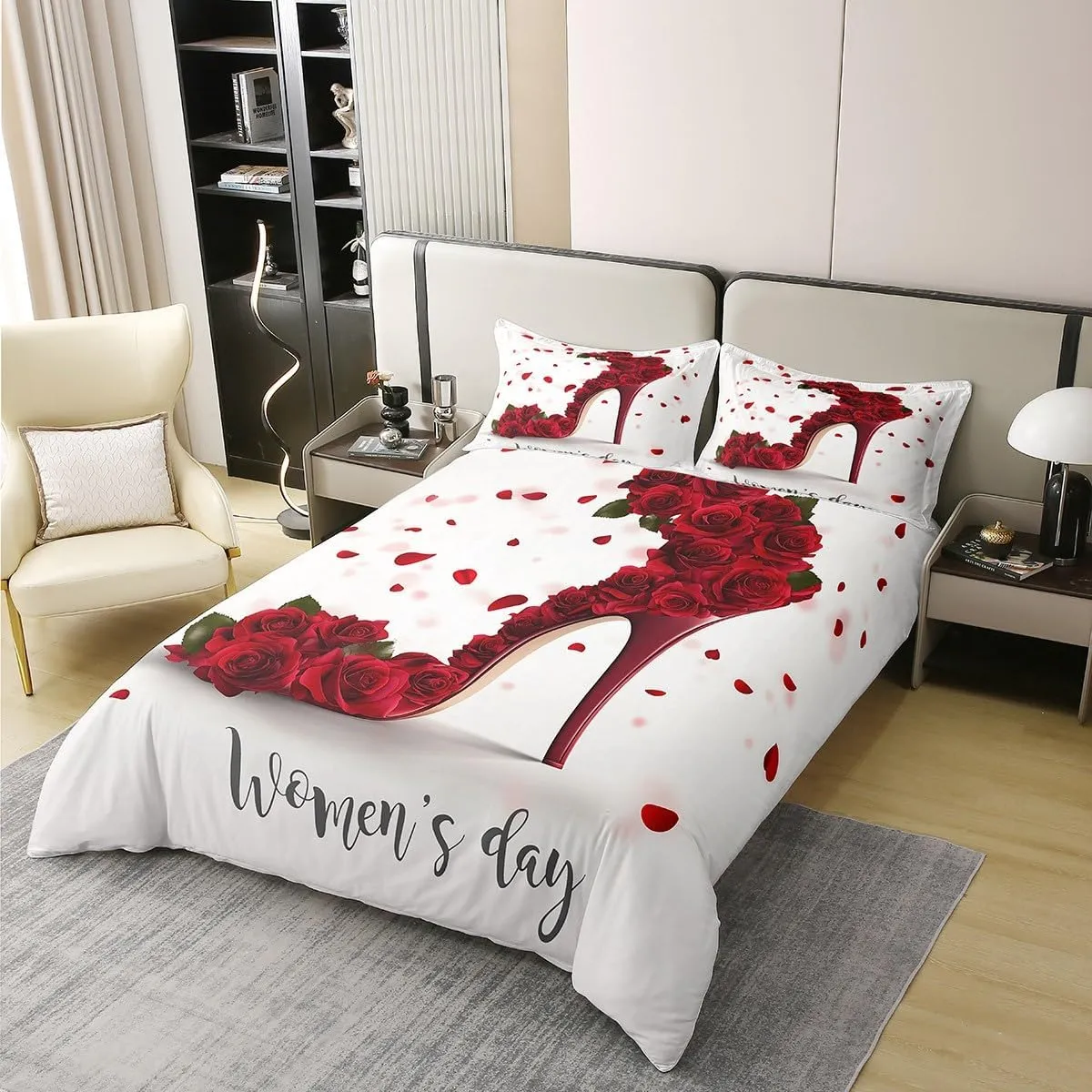 Erosebridal 100% Cotton Red Rose Comforter Cover King,High Heel Bedding Set for Women Girls,Romantic Flower Floral Duvet Cover Soft Comfy,Valentine's Day Quilt Cover Gifts for Her for Bedroom Decor