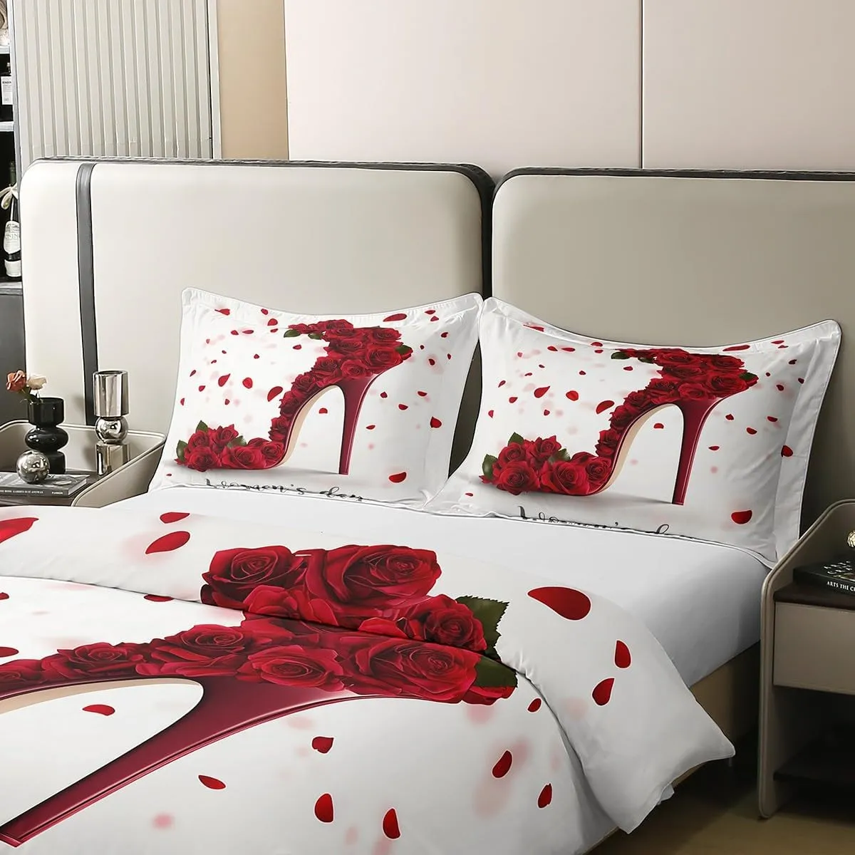 Erosebridal 100% Cotton Red Rose Comforter Cover King,High Heel Bedding Set for Women Girls,Romantic Flower Floral Duvet Cover Soft Comfy,Valentine's Day Quilt Cover Gifts for Her for Bedroom Decor
