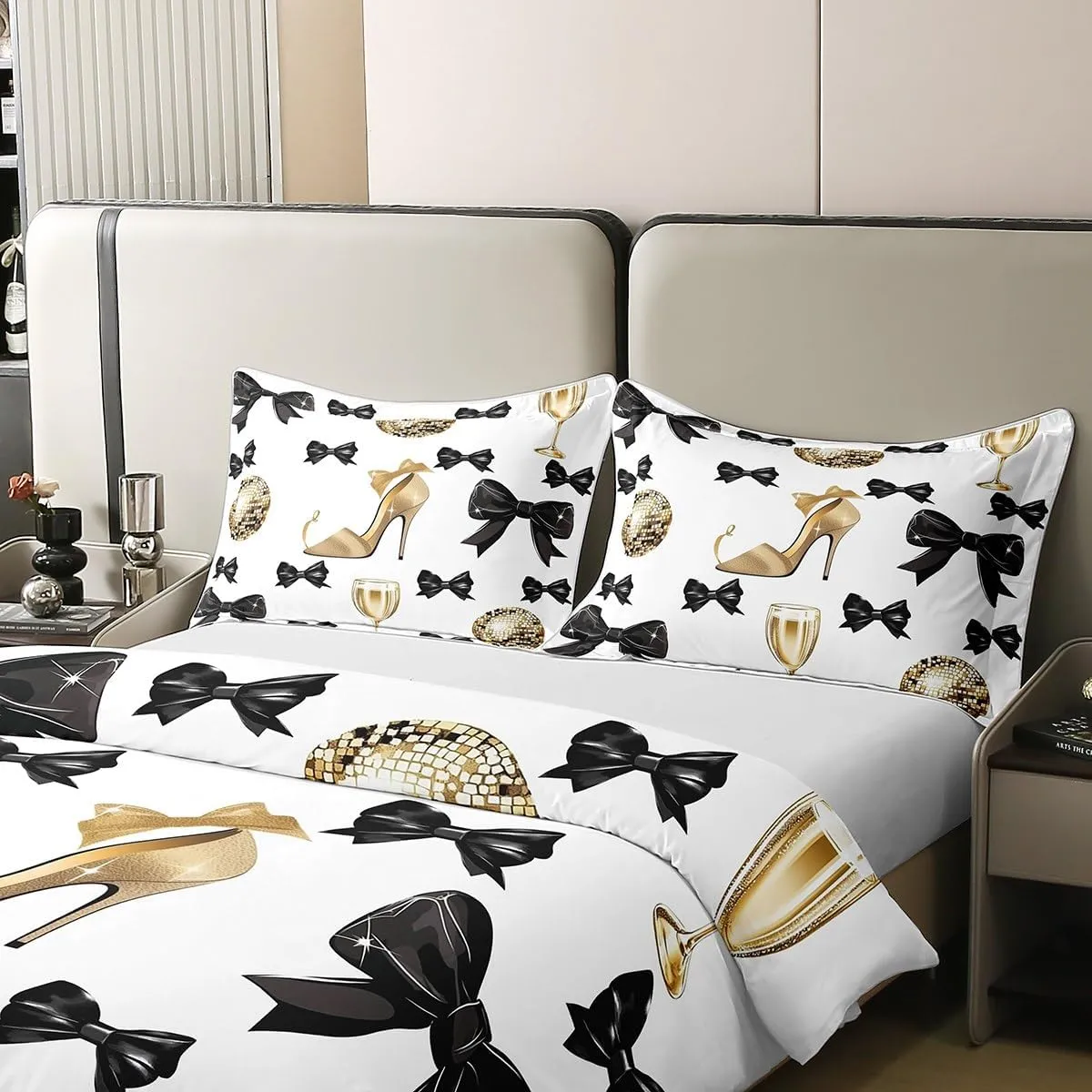 Erosebridal Black Butterfly Knot Comforter Cover Golden High Heels Bedding Set Disco Ball Party Quilt Cover Glitter Bowknot Decorative King Size,3Pcs,2 Pillow Shams Art Beauty Girls Bedroom Decor