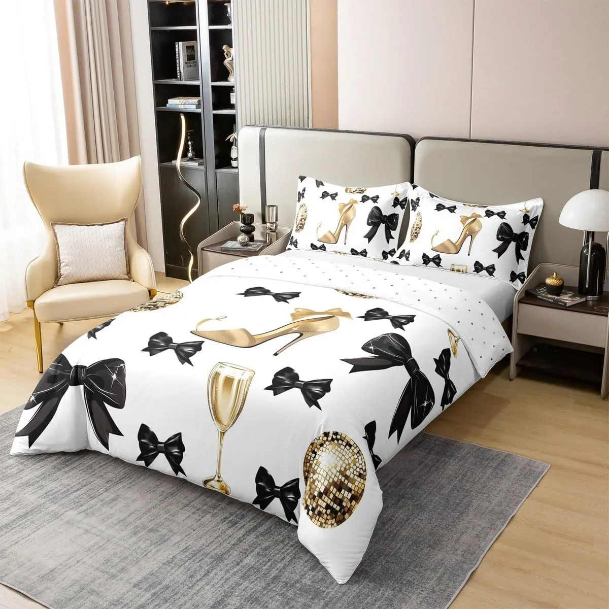 Erosebridal Black Butterfly Knot Comforter Cover Golden High Heels Bedding Set Disco Ball Party Quilt Cover Glitter Bowknot Decorative King Size,3Pcs,2 Pillow Shams Art Beauty Girls Bedroom Decor
