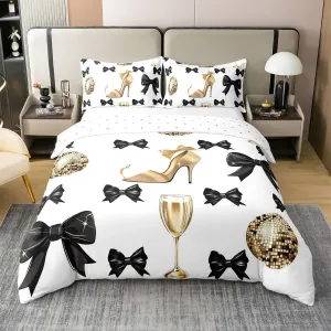 Erosebridal Black Butterfly Knot Comforter Cover Golden High Heels Bedding Set Disco Ball Party Quilt Cover Glitter Bowknot Decorative King Size,3Pcs,2 Pillow Shams Art Beauty Girls Bedroom Decor