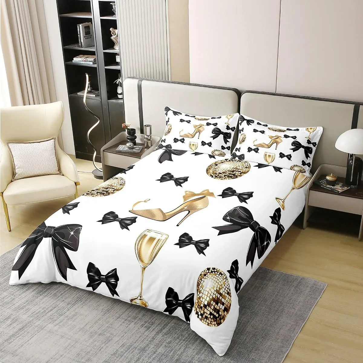 Erosebridal Black Butterfly Knot Comforter Cover Golden High Heels Bedding Set Disco Ball Party Quilt Cover Glitter Bowknot Decorative King Size,3Pcs,2 Pillow Shams Art Beauty Girls Bedroom Decor