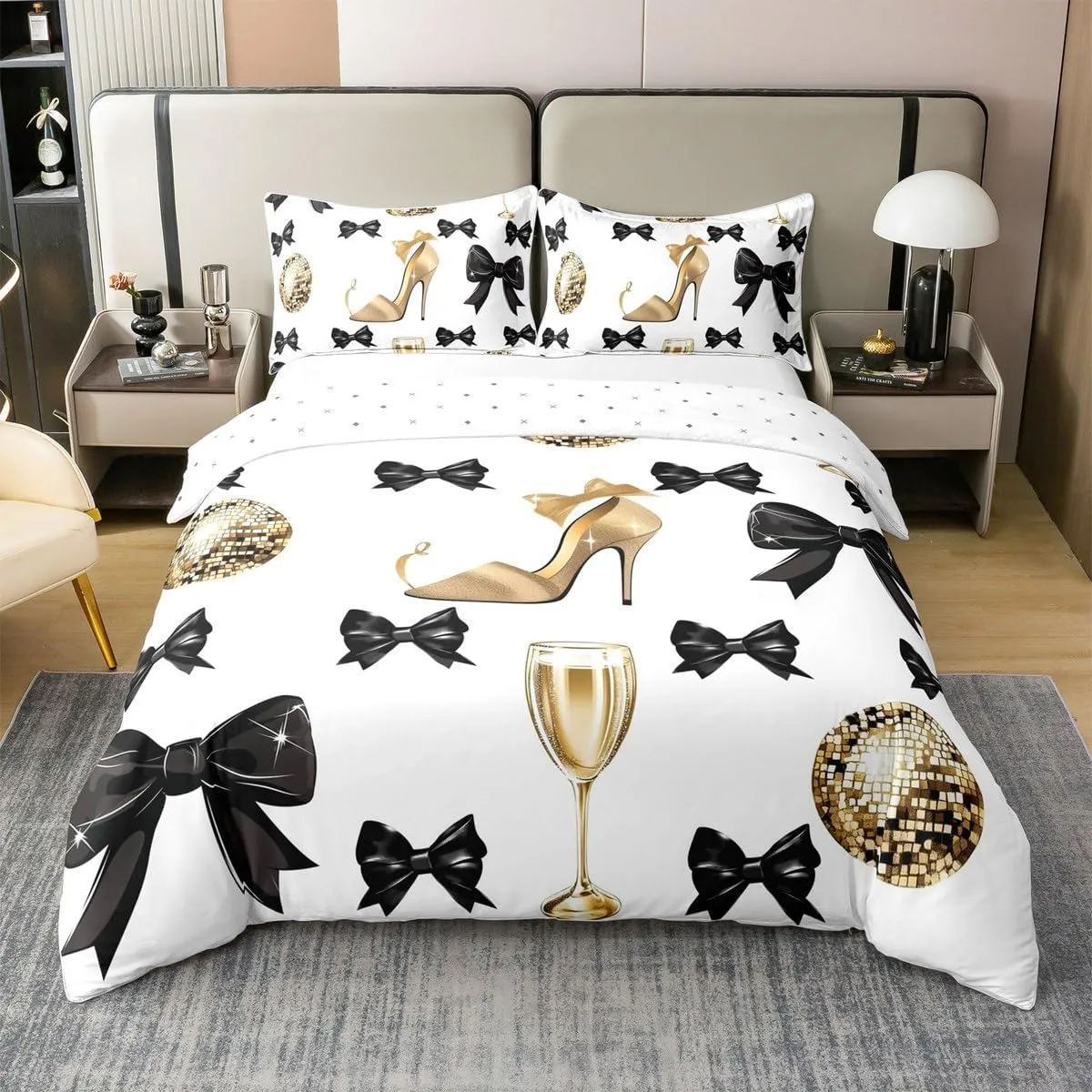 Erosebridal Black Butterfly Knot Comforter Cover Golden High Heels Bedding Set Disco Ball Party Quilt Cover Glitter Bowknot Decorative King Size,3Pcs,2 Pillow Shams Art Beauty Girls Bedroom Decor