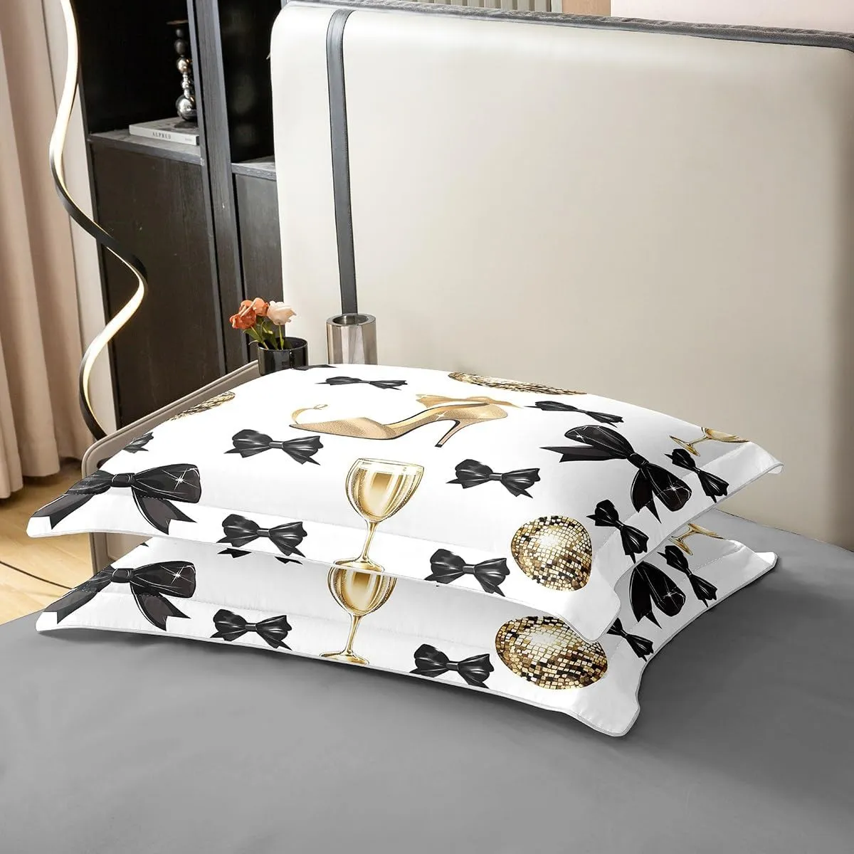 Erosebridal Black Butterfly Knot Comforter Cover Golden High Heels Bedding Set Disco Ball Party Quilt Cover Glitter Bowknot Decorative King Size,3Pcs,2 Pillow Shams Art Beauty Girls Bedroom Decor