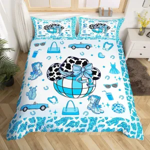 Erosebridal Cowboy Bedding Set,Cowgirl Boots Hats Duvet Cover Queen for Kids Teens Adults,Southwestern Bed Set,Blue Hippie Cow Pattern Comforter Cover with 2 Pillowcases Bedroom Decor